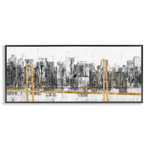 Stupell Industries Urban Golden Bridge Cityscape Abstract Painting Black Framed Art Print Wall Art, 24 x 10