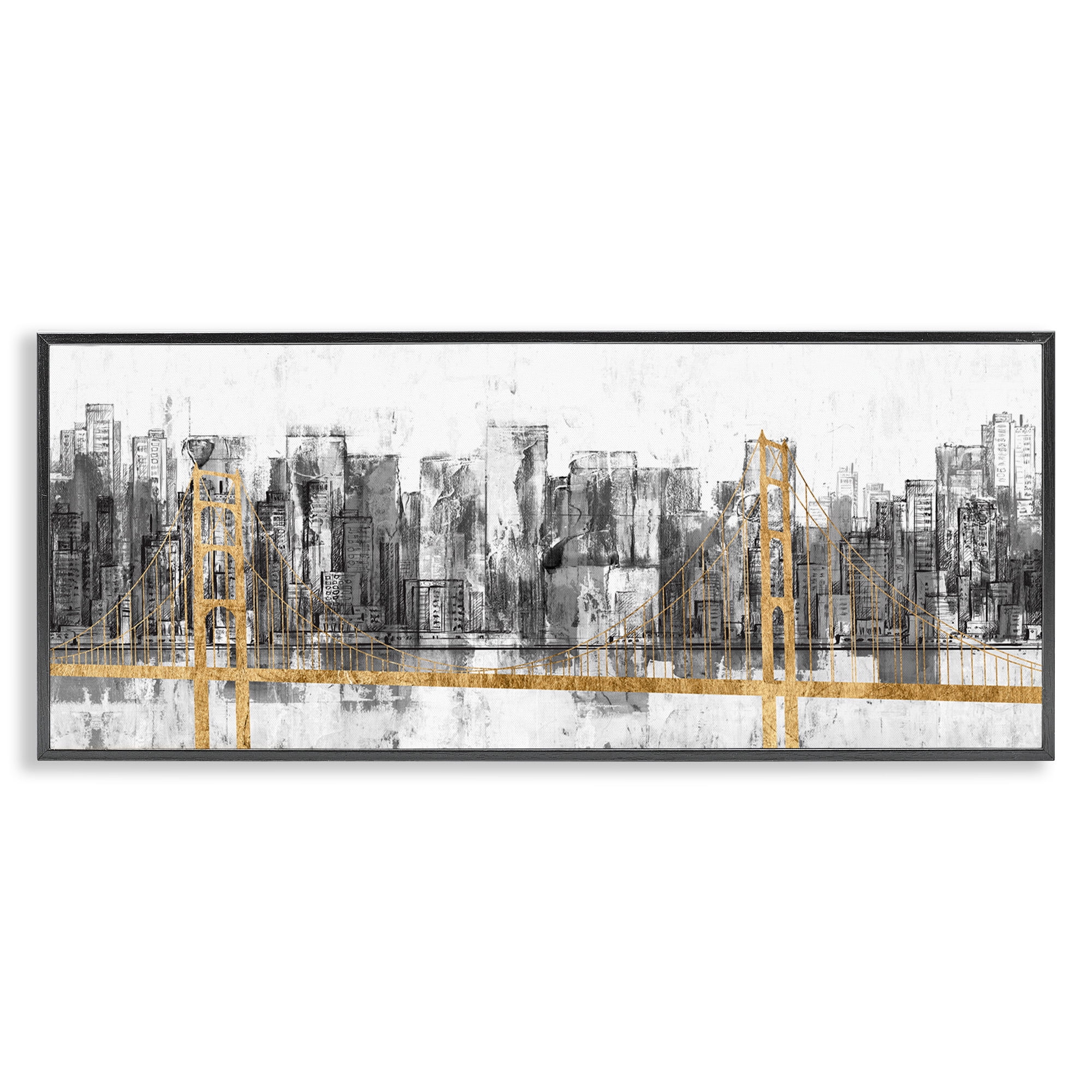 Stupell Industries Urban Golden Bridge Cityscape Abstract Painting Black Framed Art Print Wall Art, 30 x 13