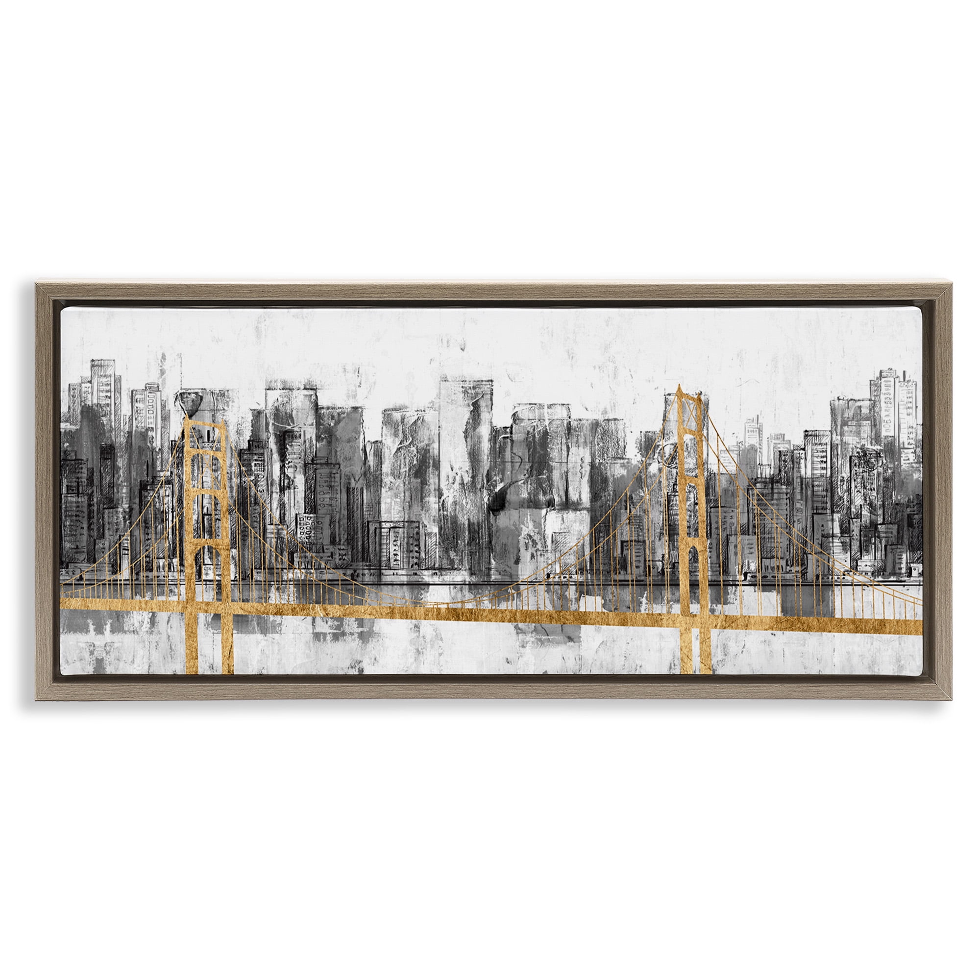 Stupell Industries Urban Golden Bridge Cityscape Abstract Painting Brown Floater Framed Canvas Art Print Wall Art, 31 x 14