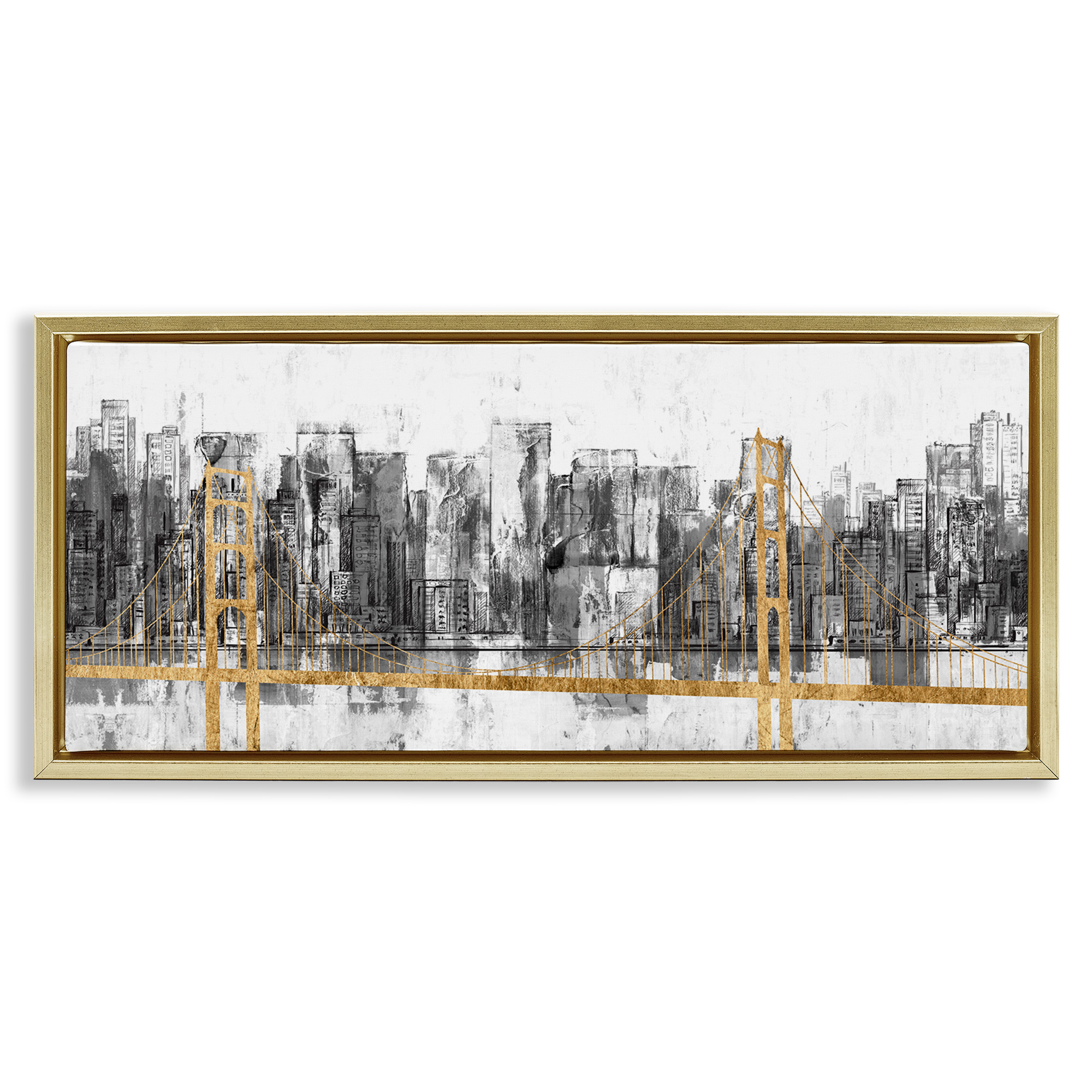 Stupell Industries Urban Golden Bridge Cityscape Abstract Painting Gold Floater Framed Canvas Art Print Wall Art, 25 x 11