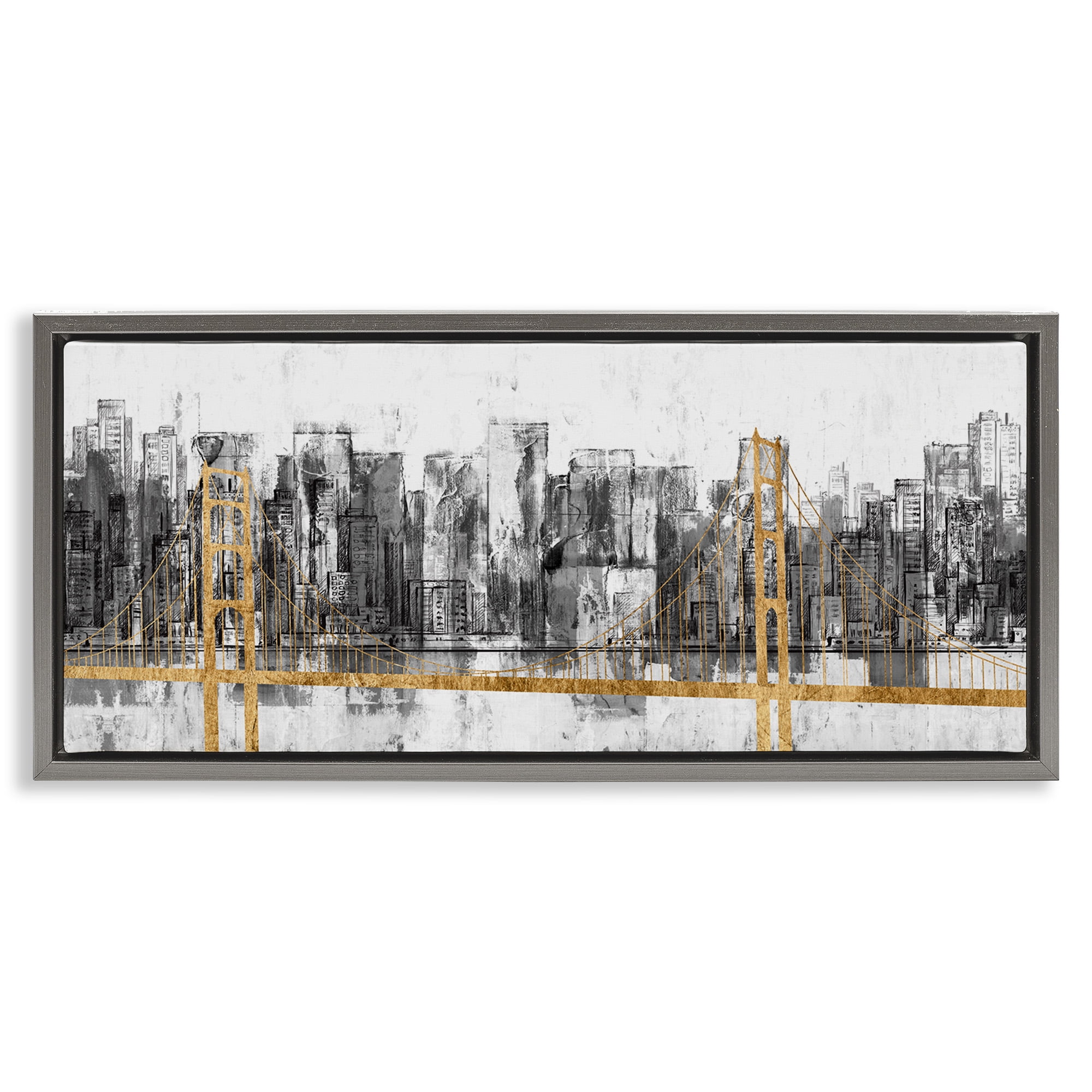 Stupell Industries Urban Golden Bridge Cityscape Abstract Painting Gray Floater Framed Canvas Art Print Wall Art, 25 x 11