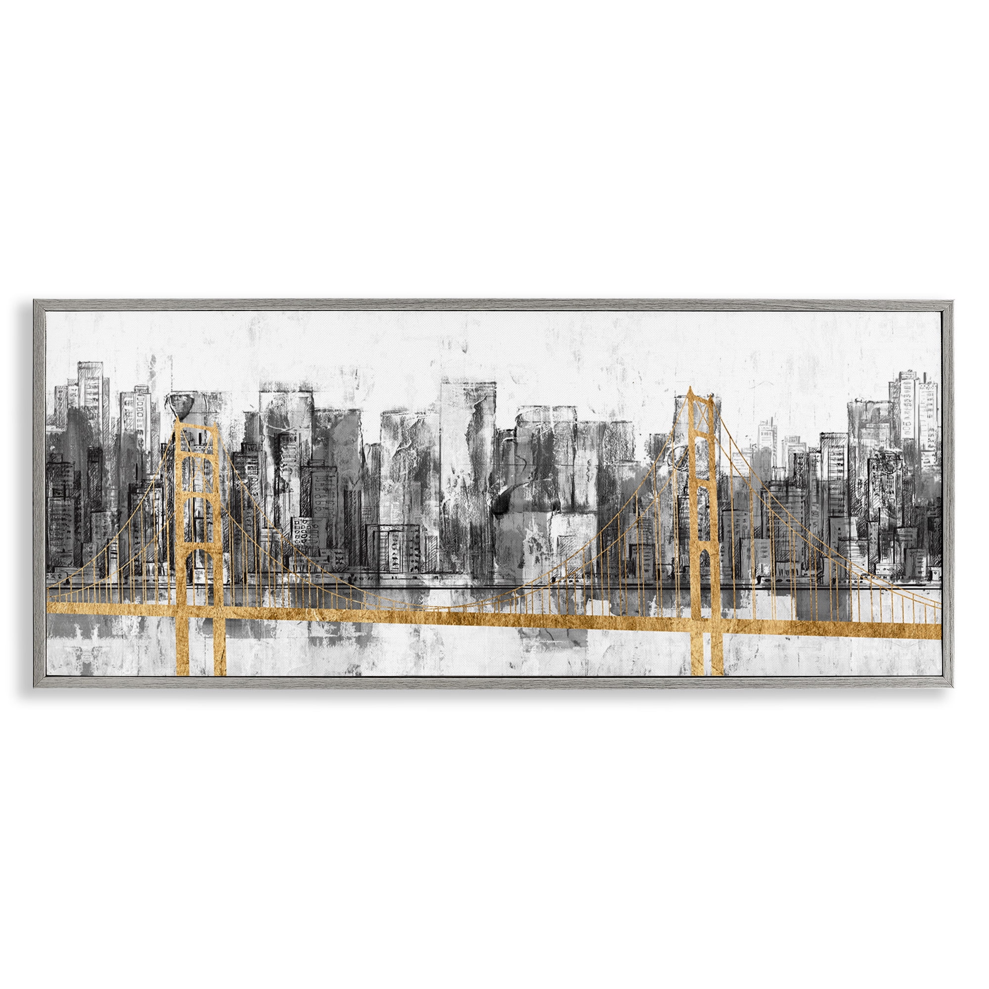 Stupell Industries Urban Golden Bridge Cityscape Abstract Painting Gray Framed Art Print Wall Art, 24 x 10