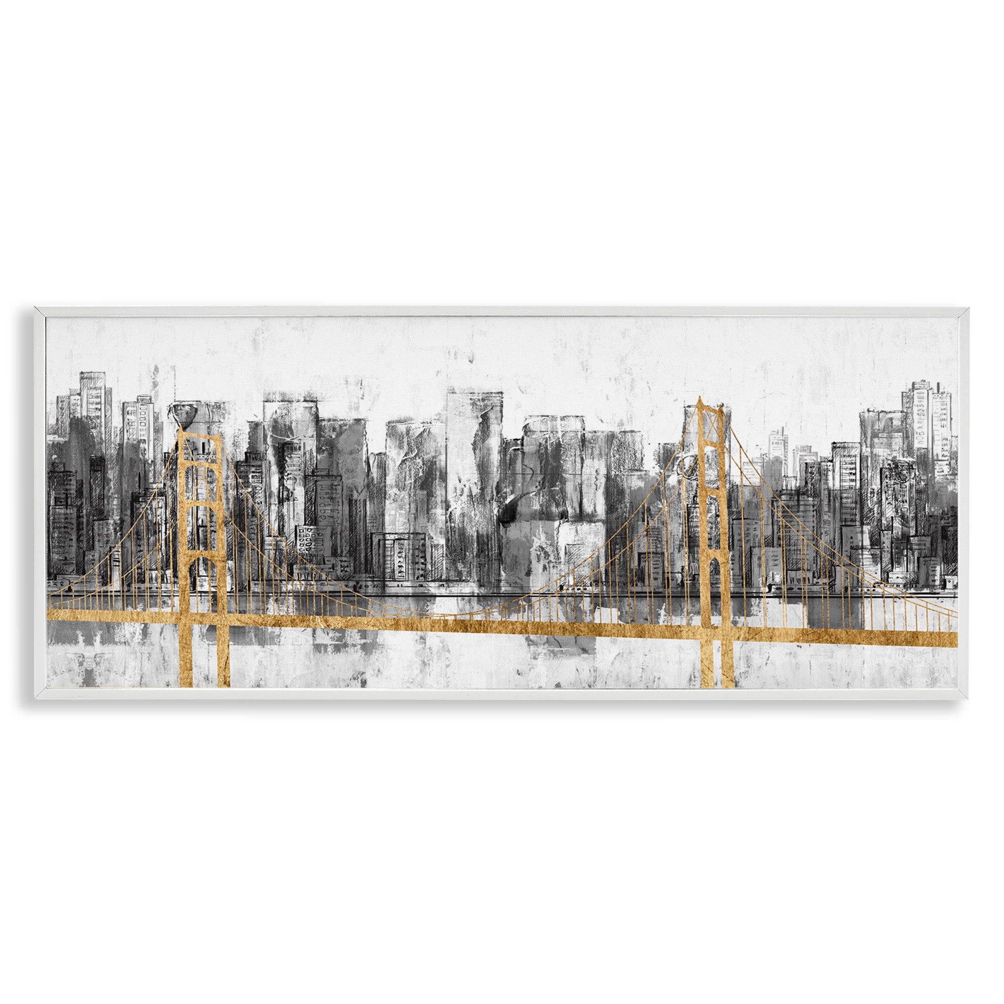 Stupell Industries Urban Golden Bridge Cityscape Abstract Painting White Framed Art Print Wall Art, 30 x 13