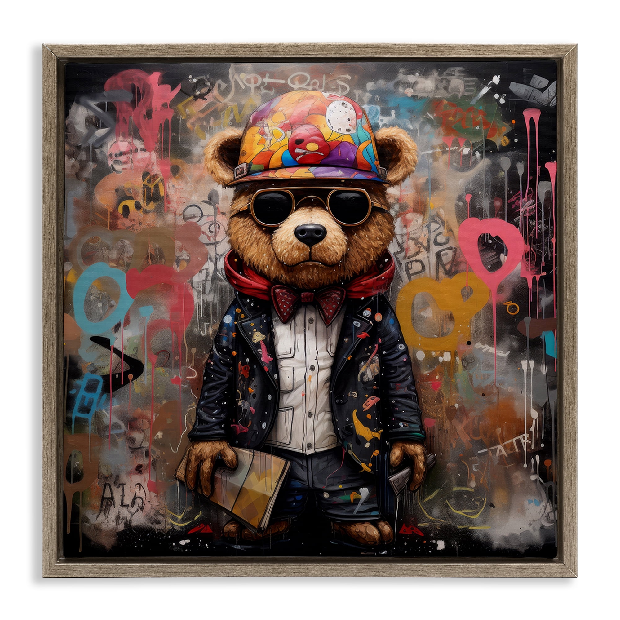 Stupell Industries Urban Graffiti Bear Animals & Insects Painting Brown Floater Framed Canvas Art Print Wall Art, 25 x 25