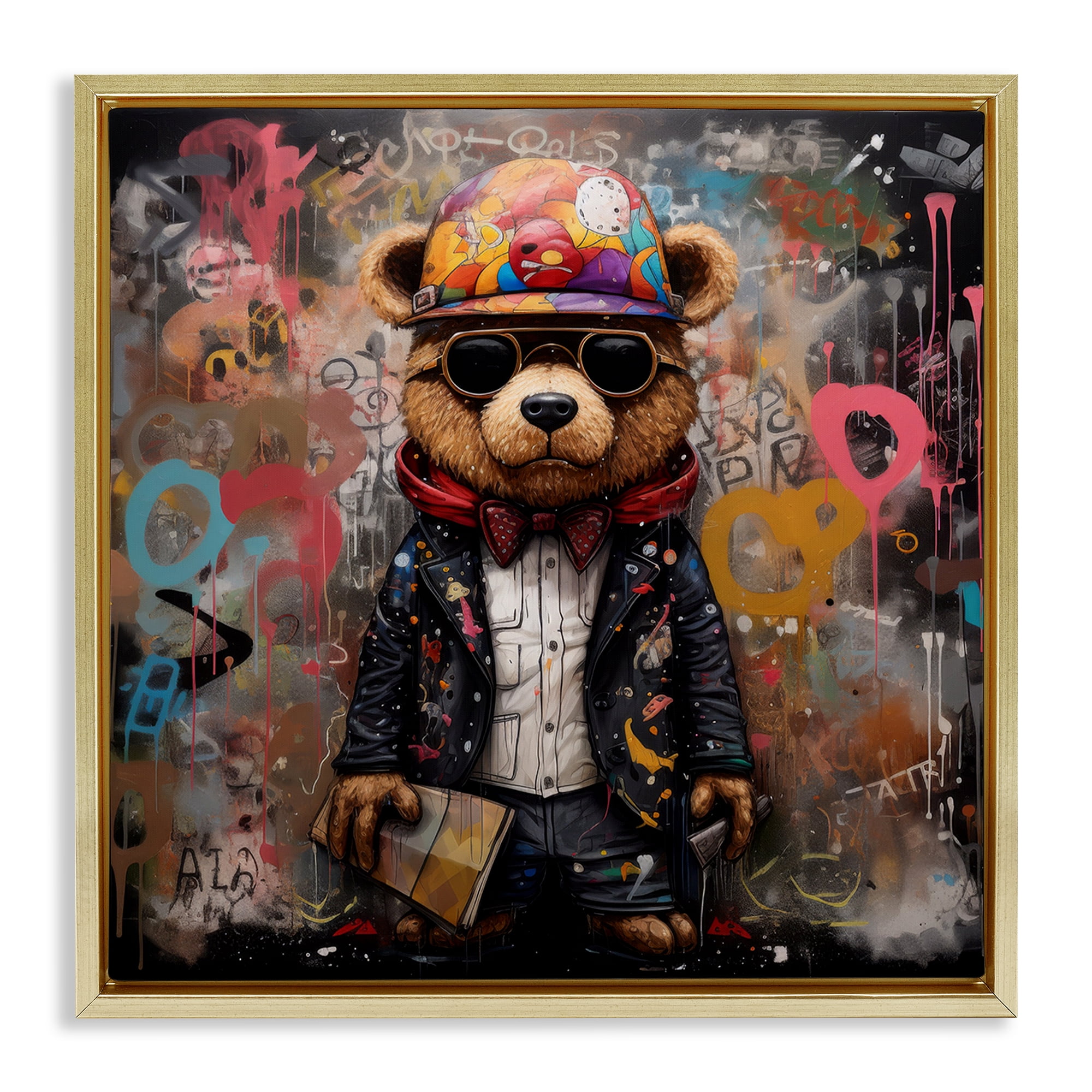 Stupell Industries Urban Graffiti Bear Animals & Insects Painting Gold Floater Framed Canvas Art Print Wall Art, 25 x 25