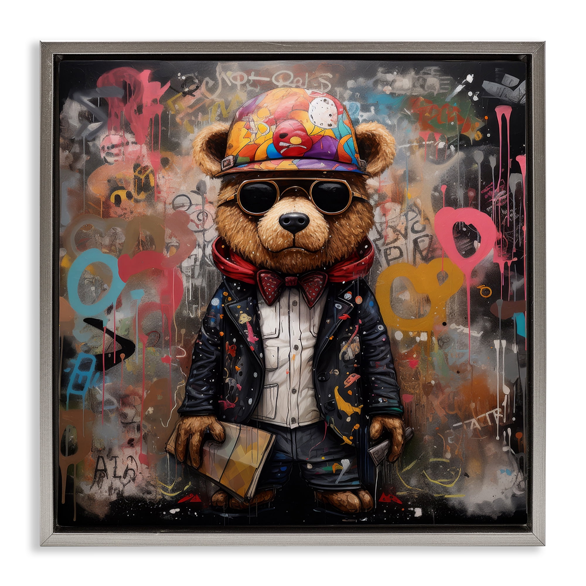Stupell Industries Urban Graffiti Bear Animals & Insects Painting Gray Floater Framed Canvas Art Print Wall Art, 25 x 25