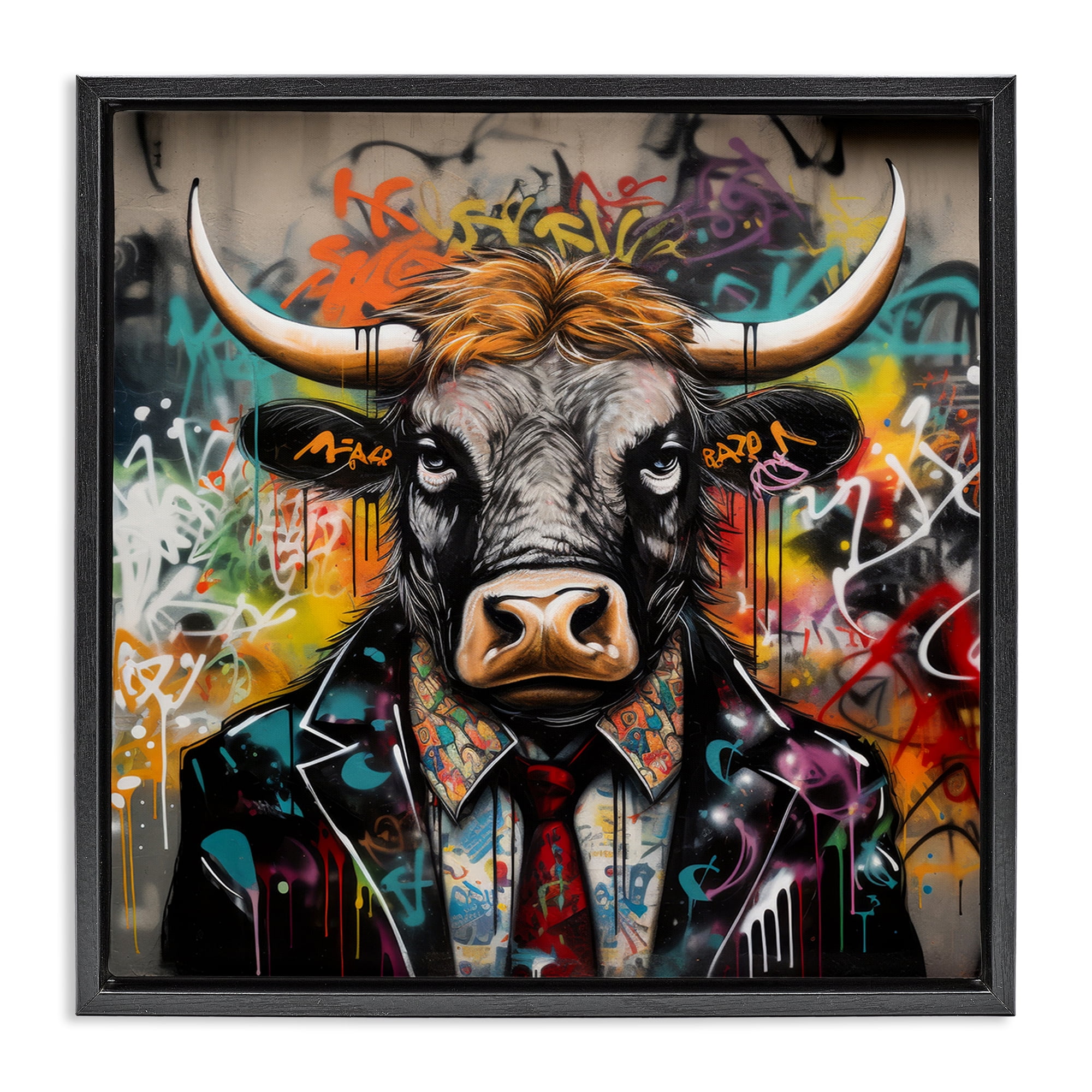 Stupell Industries Urban Graffiti Bull Animals & Insects Painting Black Floater Framed Canvas Art Print Wall Art, 18 x 18
