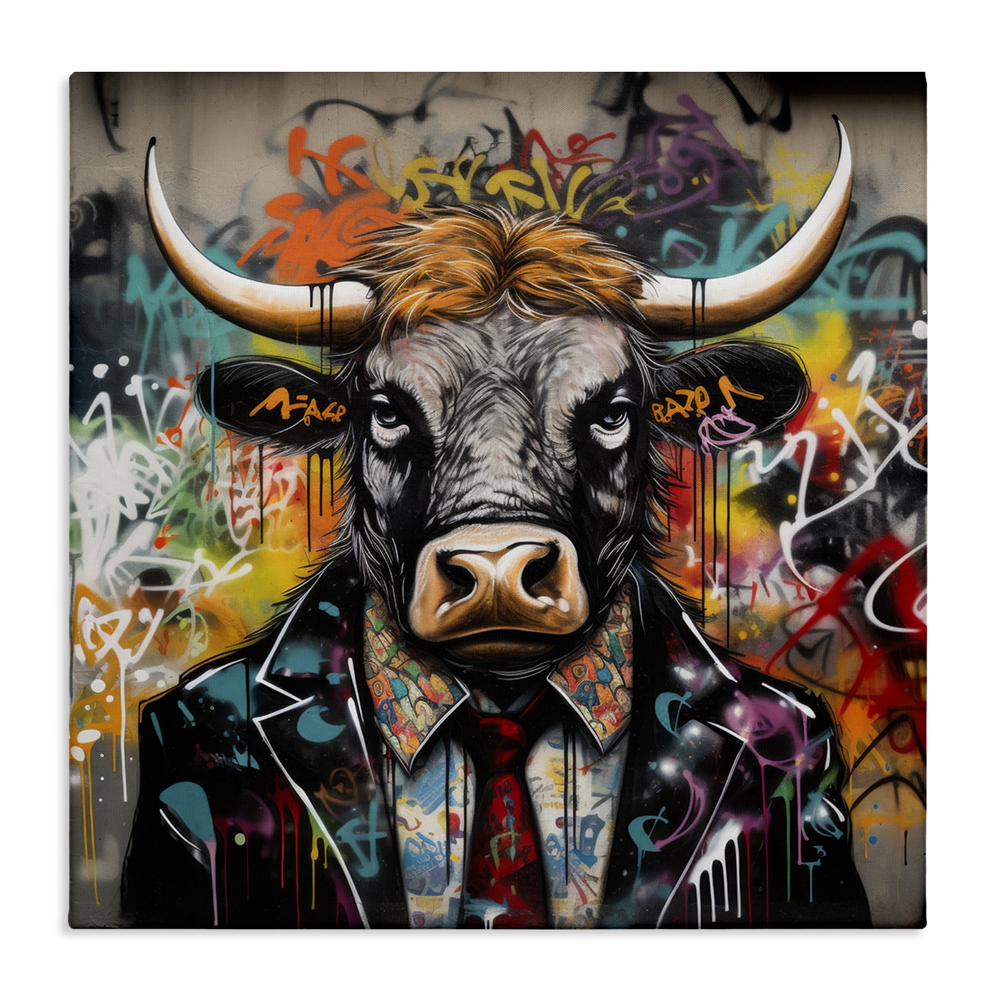 Stupell Industries Urban Graffiti Bull Animals & Insects Painting Gallery Wrapped Canvas Art Print Wall Art, 36 x 36