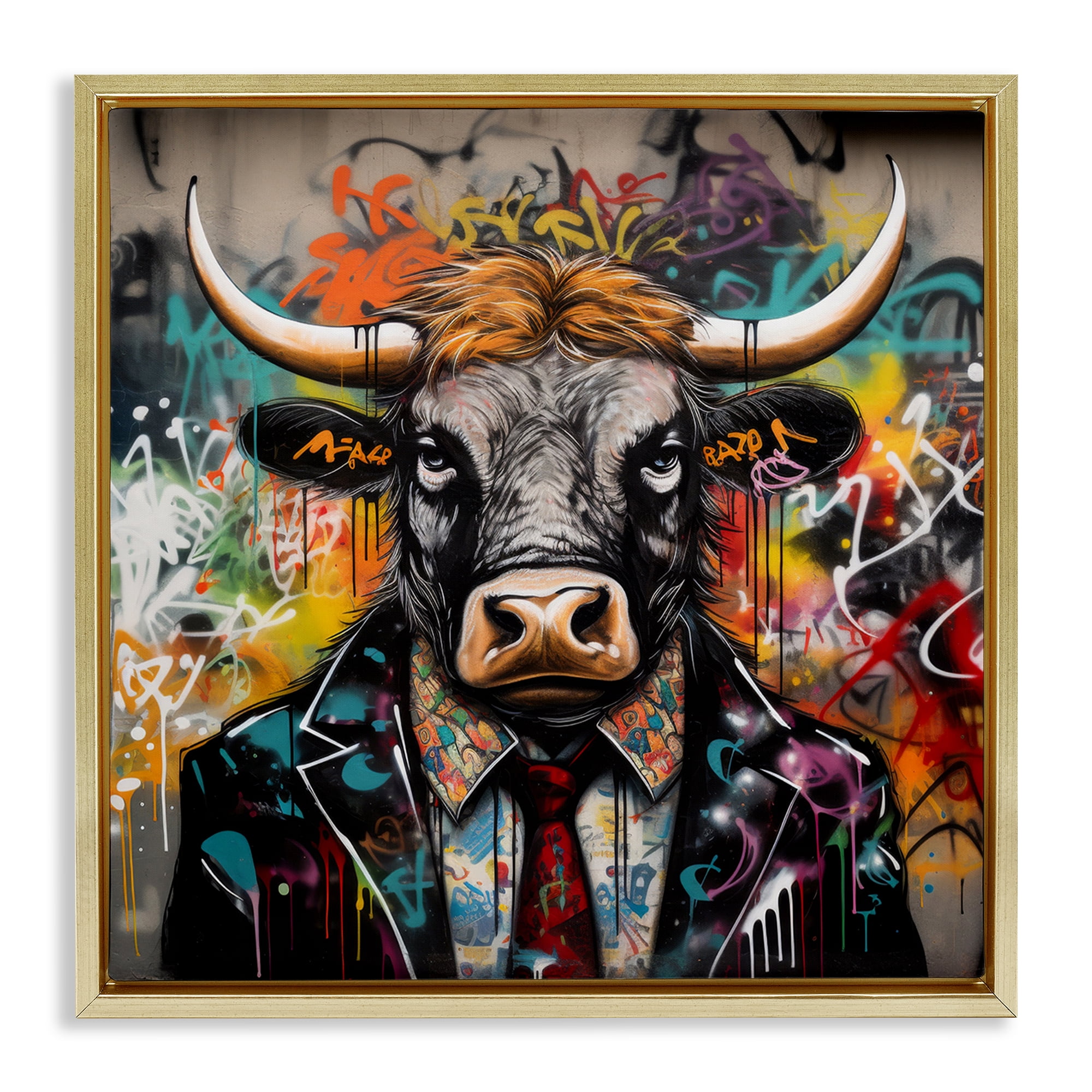 Stupell Industries Urban Graffiti Bull Animals & Insects Painting Gold Floater Framed Canvas Art Print Wall Art, 18 x 18