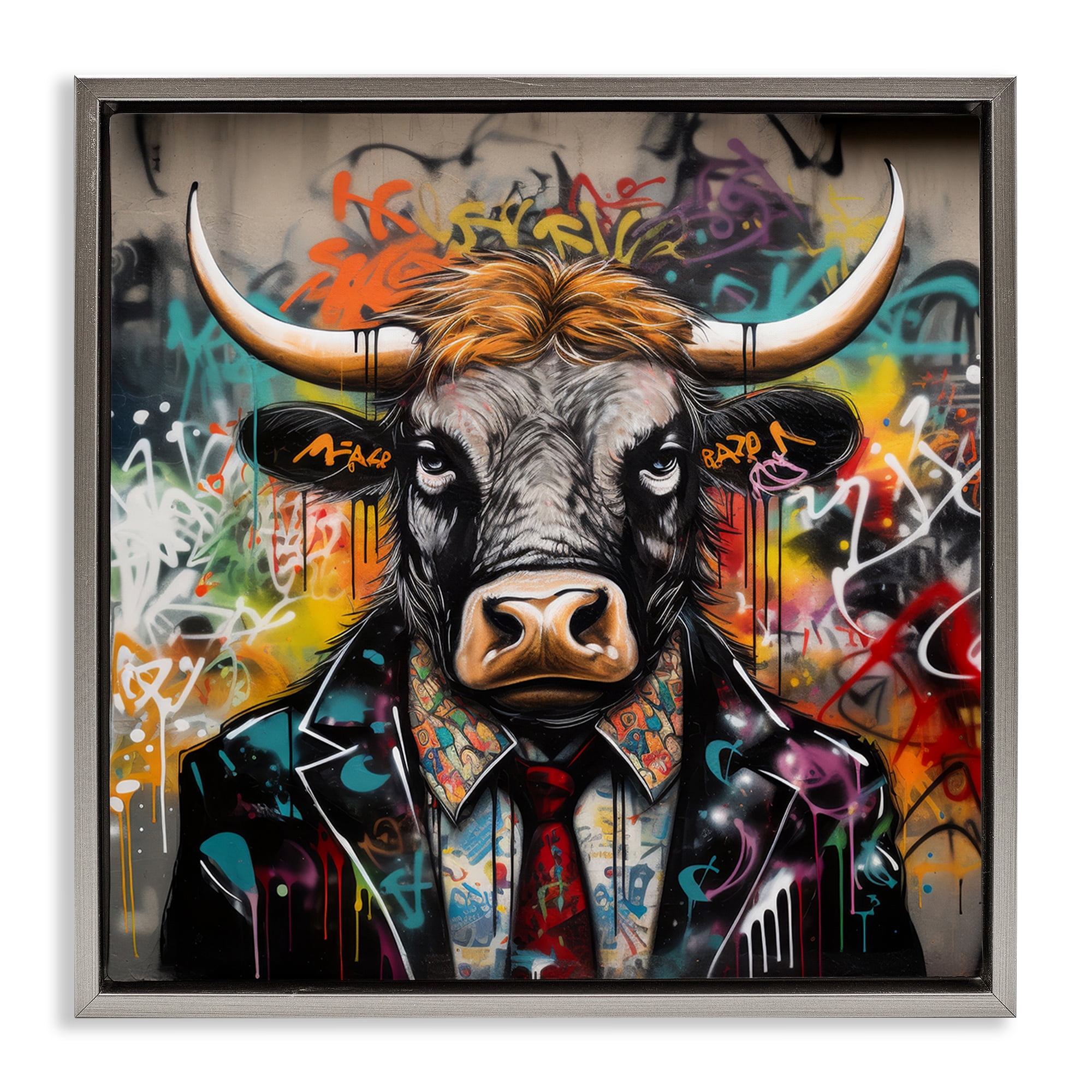 Stupell Industries Urban Graffiti Bull Animals & Insects Painting Gray Floater Framed Canvas Art Print Wall Art, 18 x 18