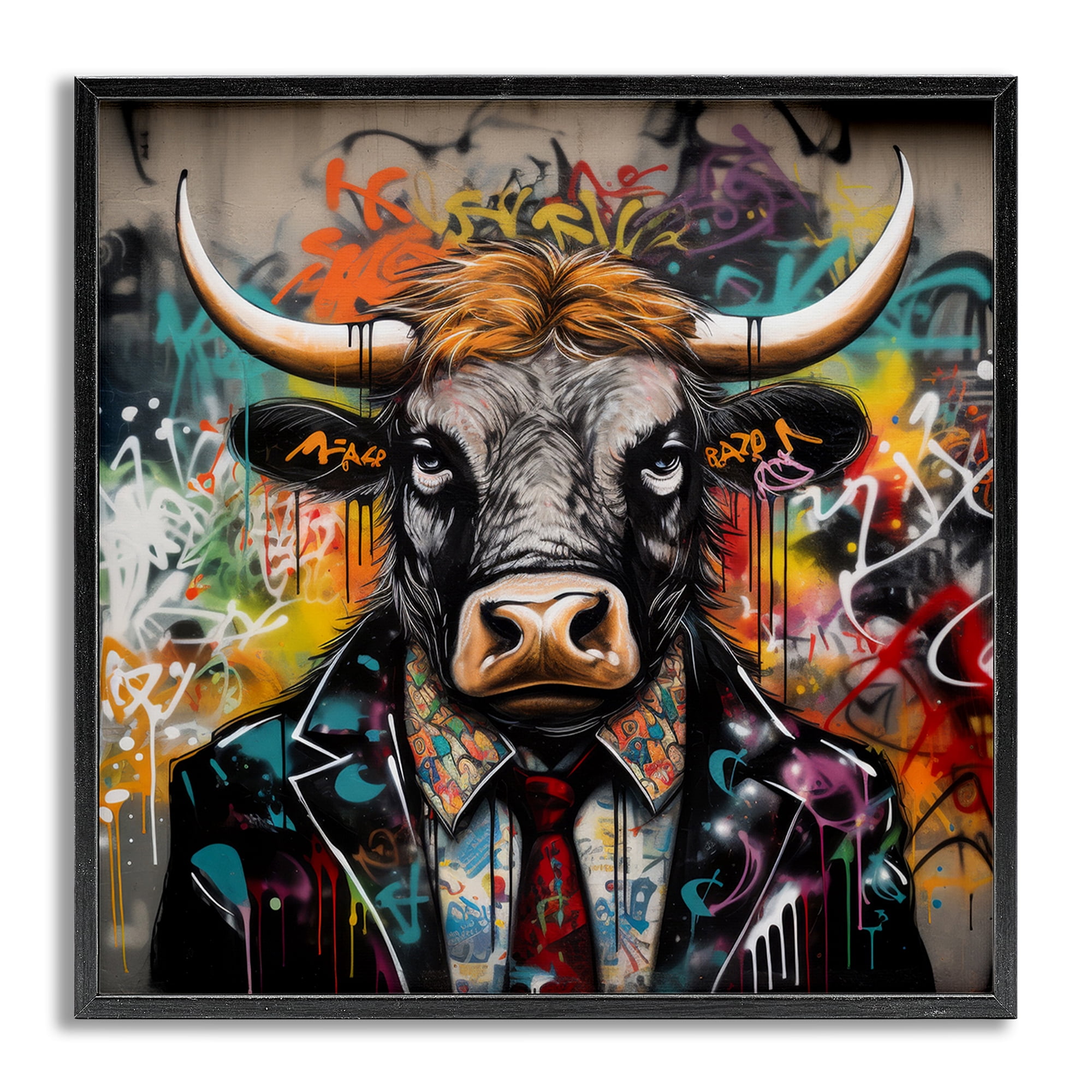 Stupell Industries Urban Graffiti Bull Animals & Insects Painting Gray Framed Art Print Wall Art, 12 x 12