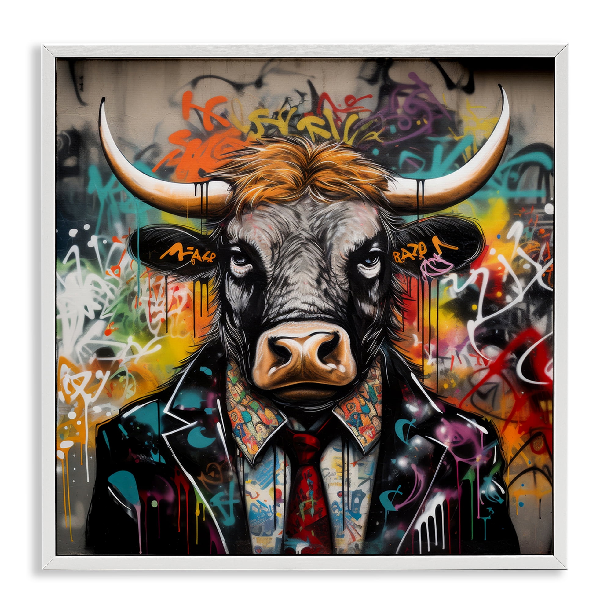 Stupell Industries Urban Graffiti Bull Animals & Insects Painting White Framed Art Print Wall Art, 12 x 12