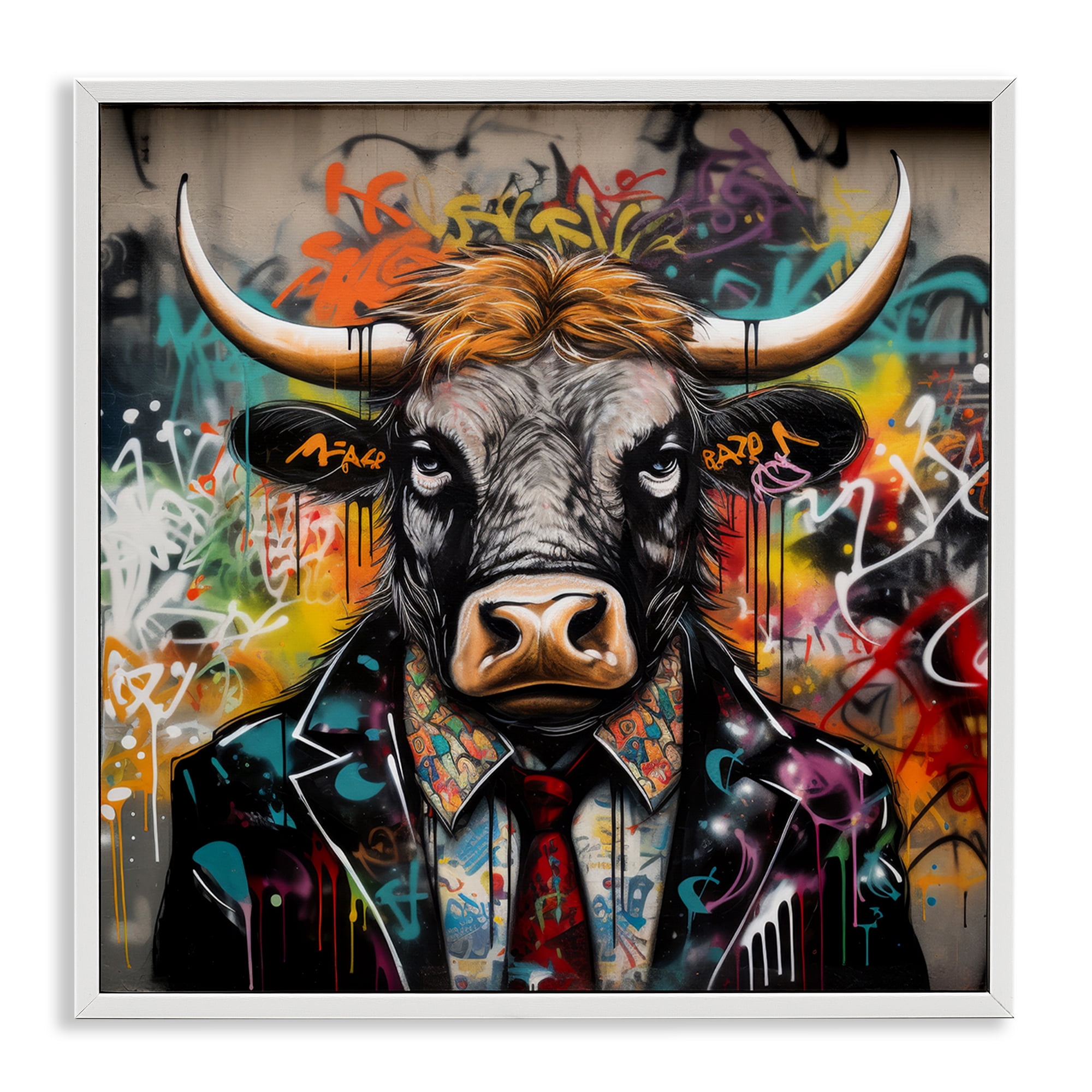 Stupell Industries Urban Graffiti Bull Animals & Insects Painting White Framed Art Print Wall Art, 17 x 17
