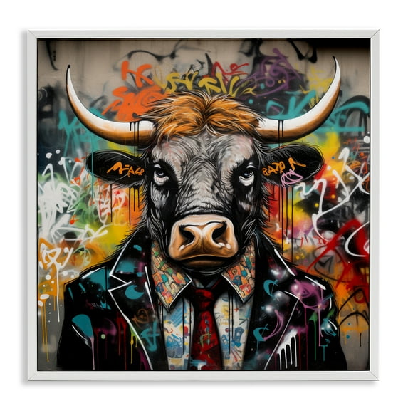 Stupell Industries Urban Graffiti Bull Animals & Insects Painting White Framed Art Print Wall Art, 24 x 24