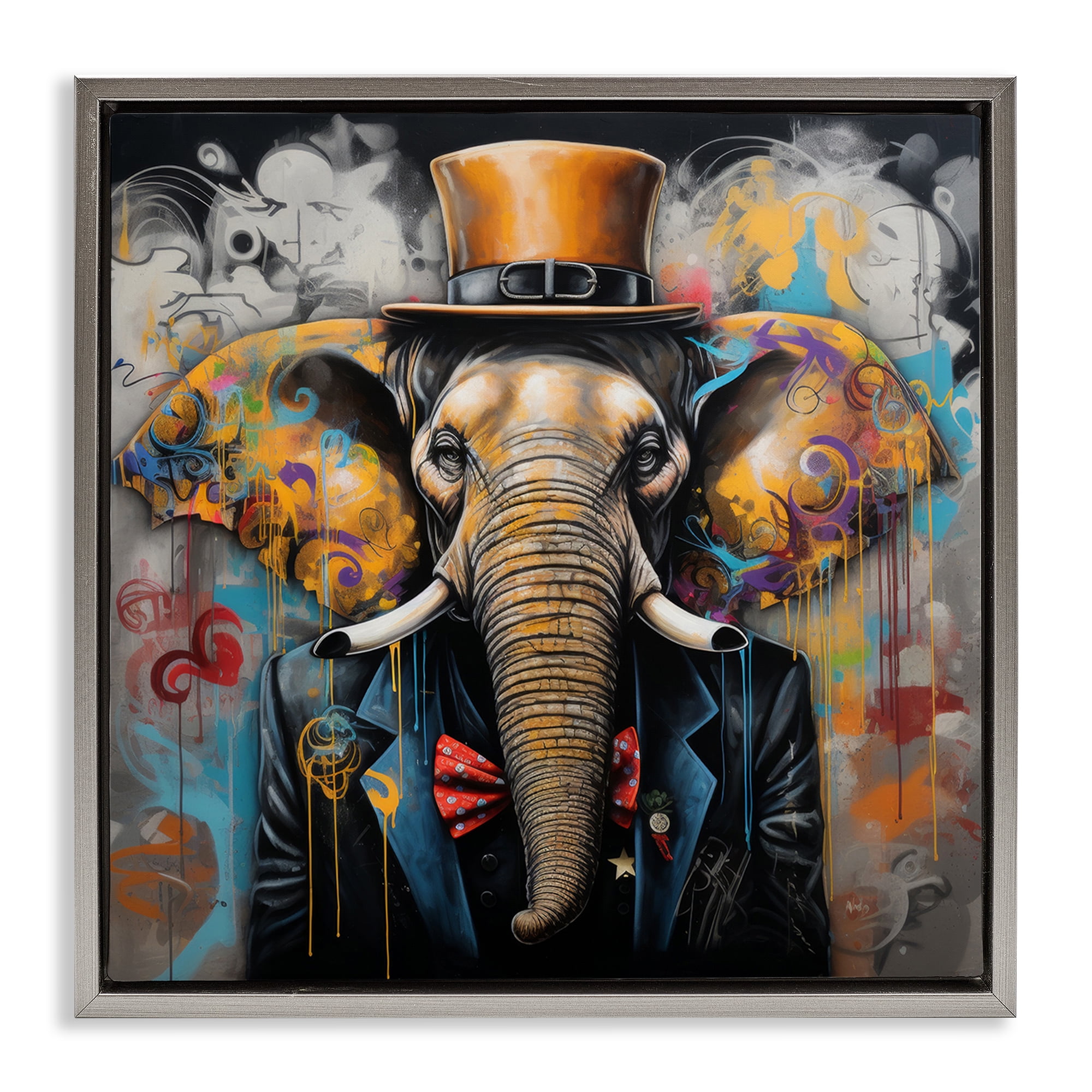 Stupell Industries Urban Graffiti Elephant Animals & Insects Painting Gray Floater Framed Canvas Art Print Wall Art, 25 x 25