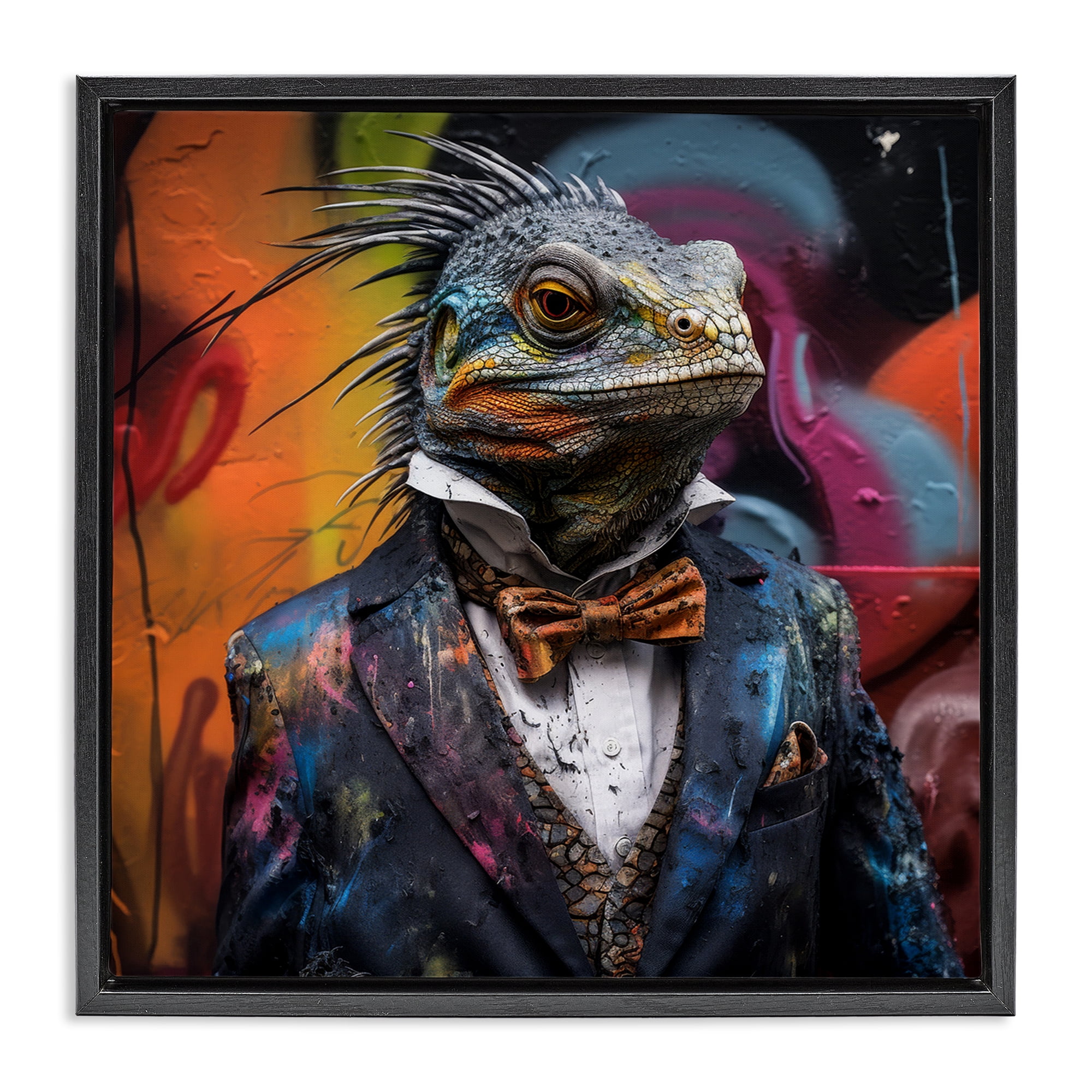 Stupell Industries Urban Graffiti Iguana Animals & Insects Painting Black Floater Framed Canvas Art Print Wall Art, 18 x 18