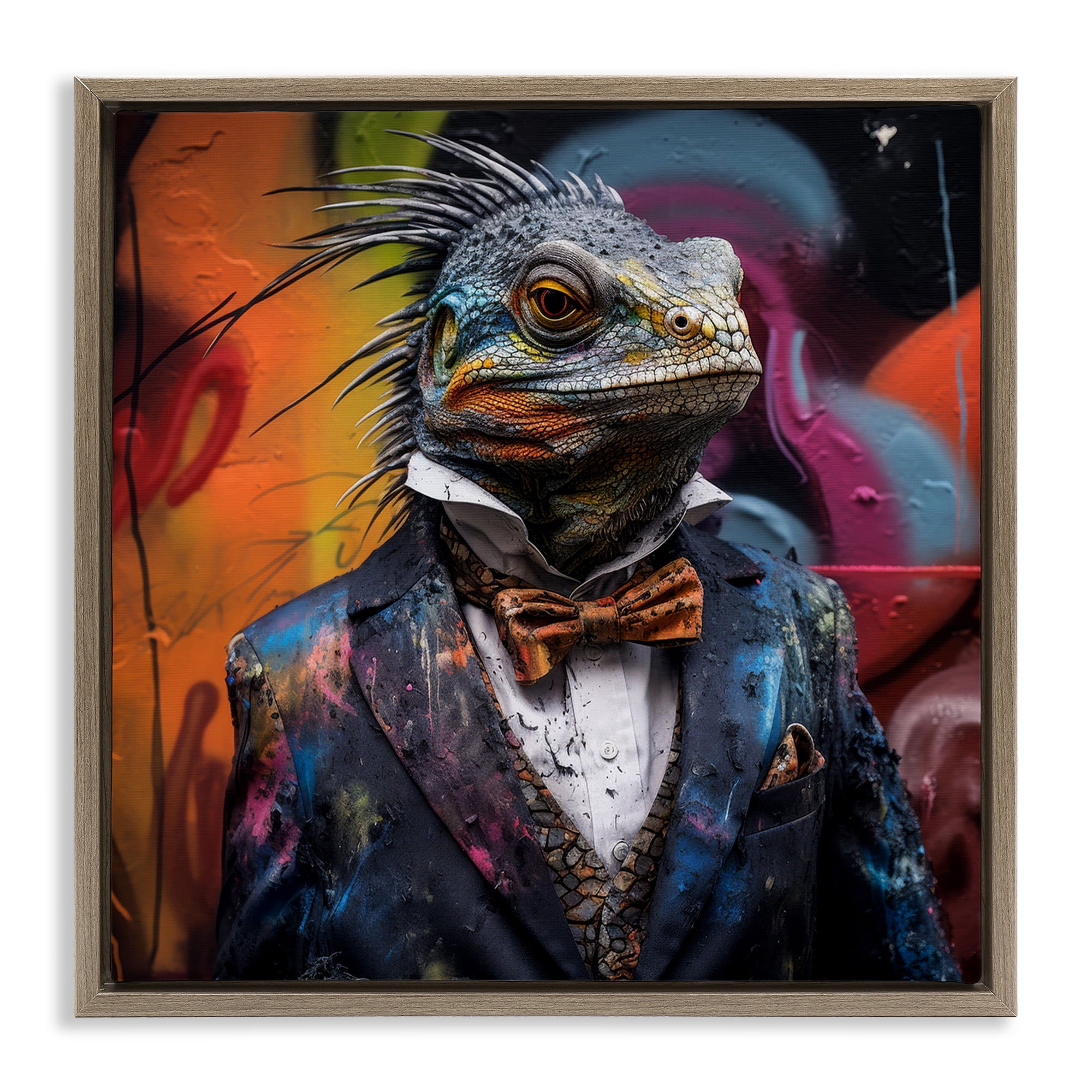 Stupell Industries Urban Graffiti Iguana Animals & Insects Painting Brown Floater Framed Canvas Art Print Wall Art, 25 x 25