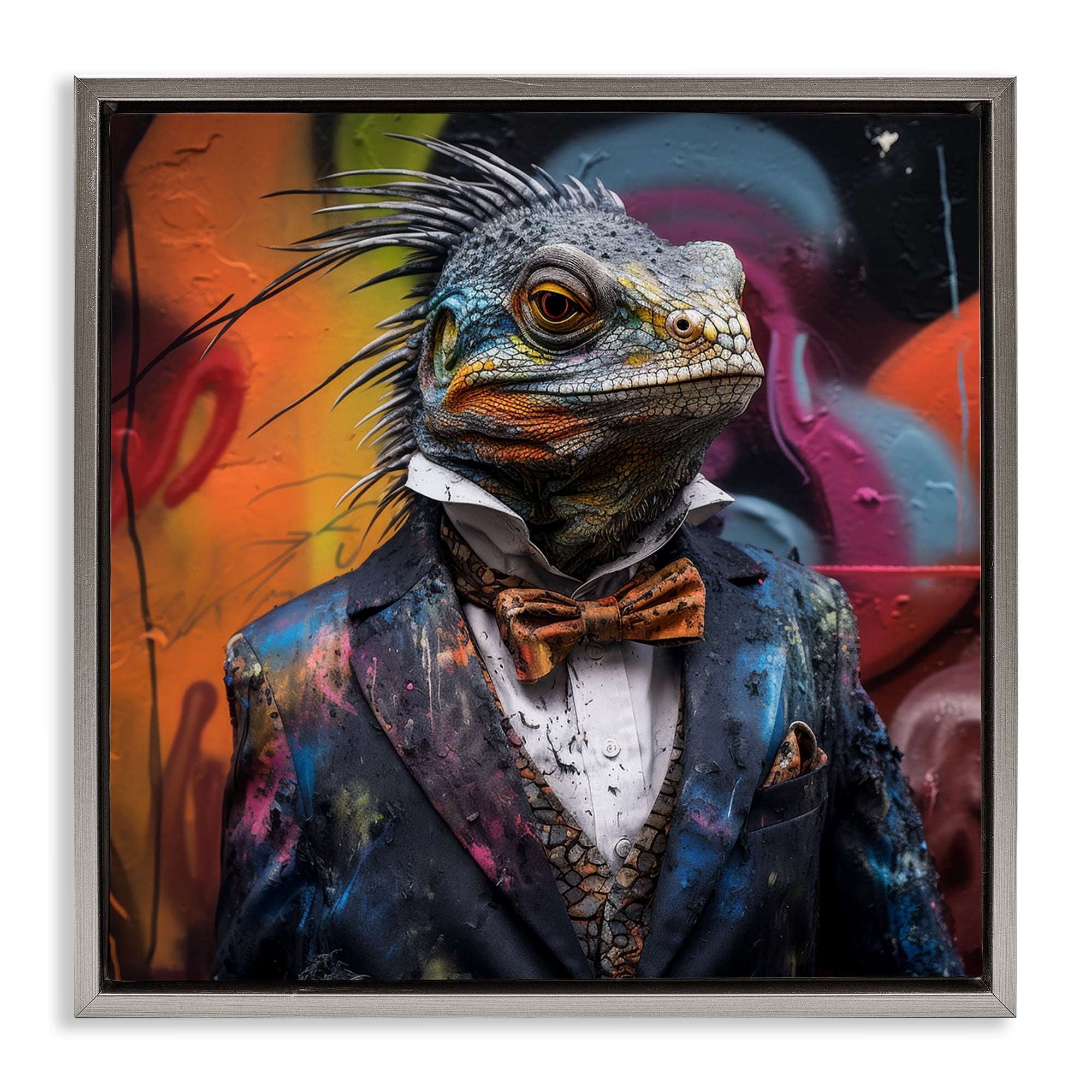 Stupell Industries Urban Graffiti Iguana Animals & Insects Painting Gray Floater Framed Canvas Art Print Wall Art, 18 x 18