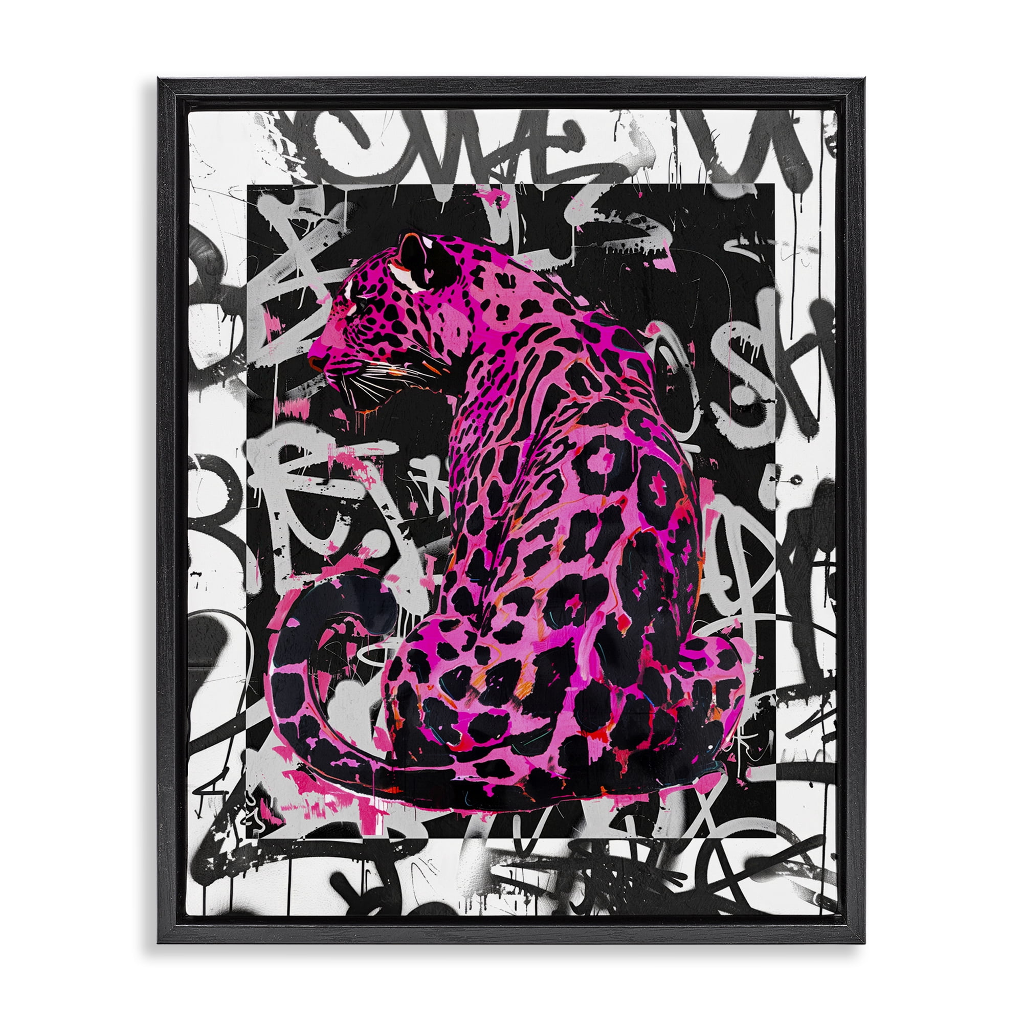 Stupell Industries Urban Graffiti Leopard Abstract Painting Black Floater Framed Canvas Art Print Wall Art, 25 x 31