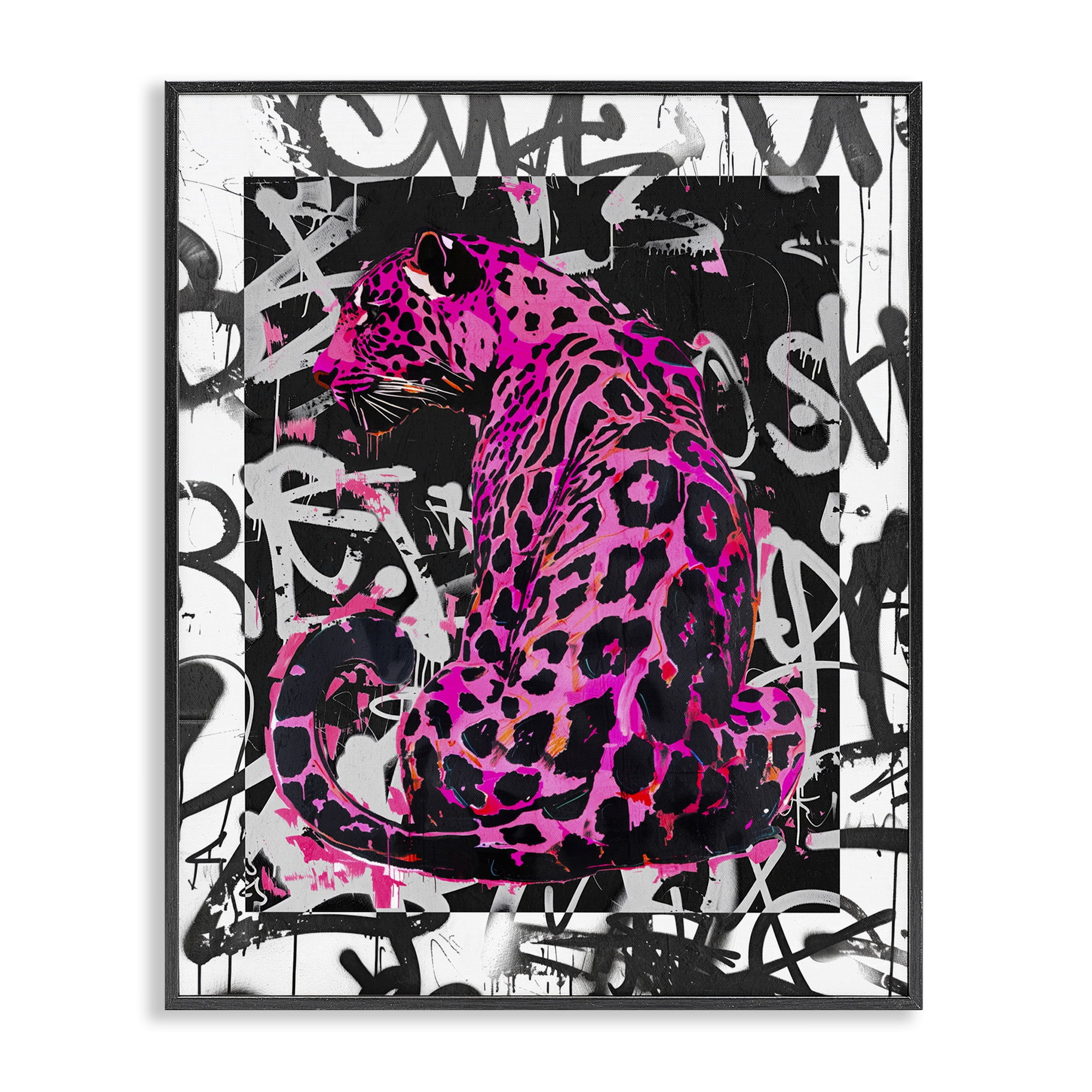 Stupell Industries Urban Graffiti Leopard Abstract Painting Black Framed Art Print Wall Art, 16 x 20