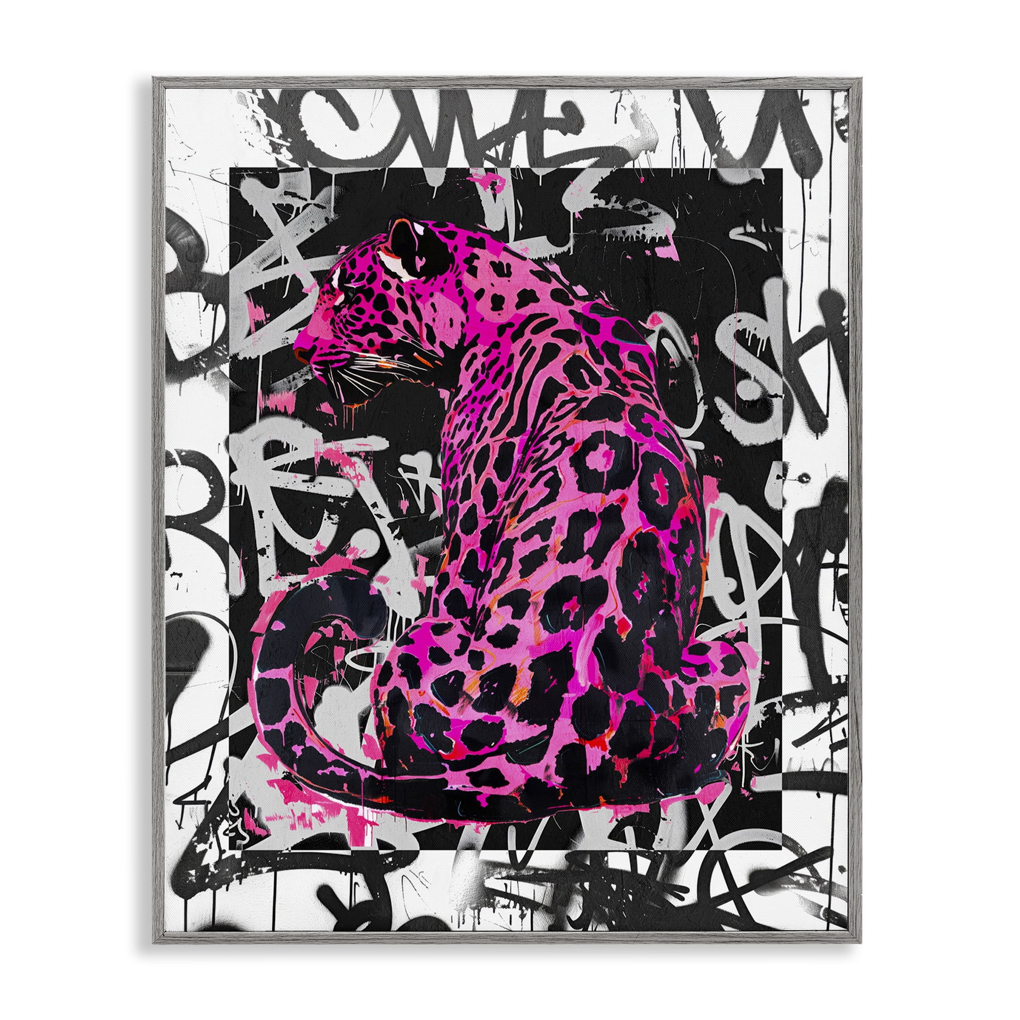 Stupell Industries Urban Graffiti Leopard Abstract Painting Gray Framed Art Print Wall Art, 24 x 30