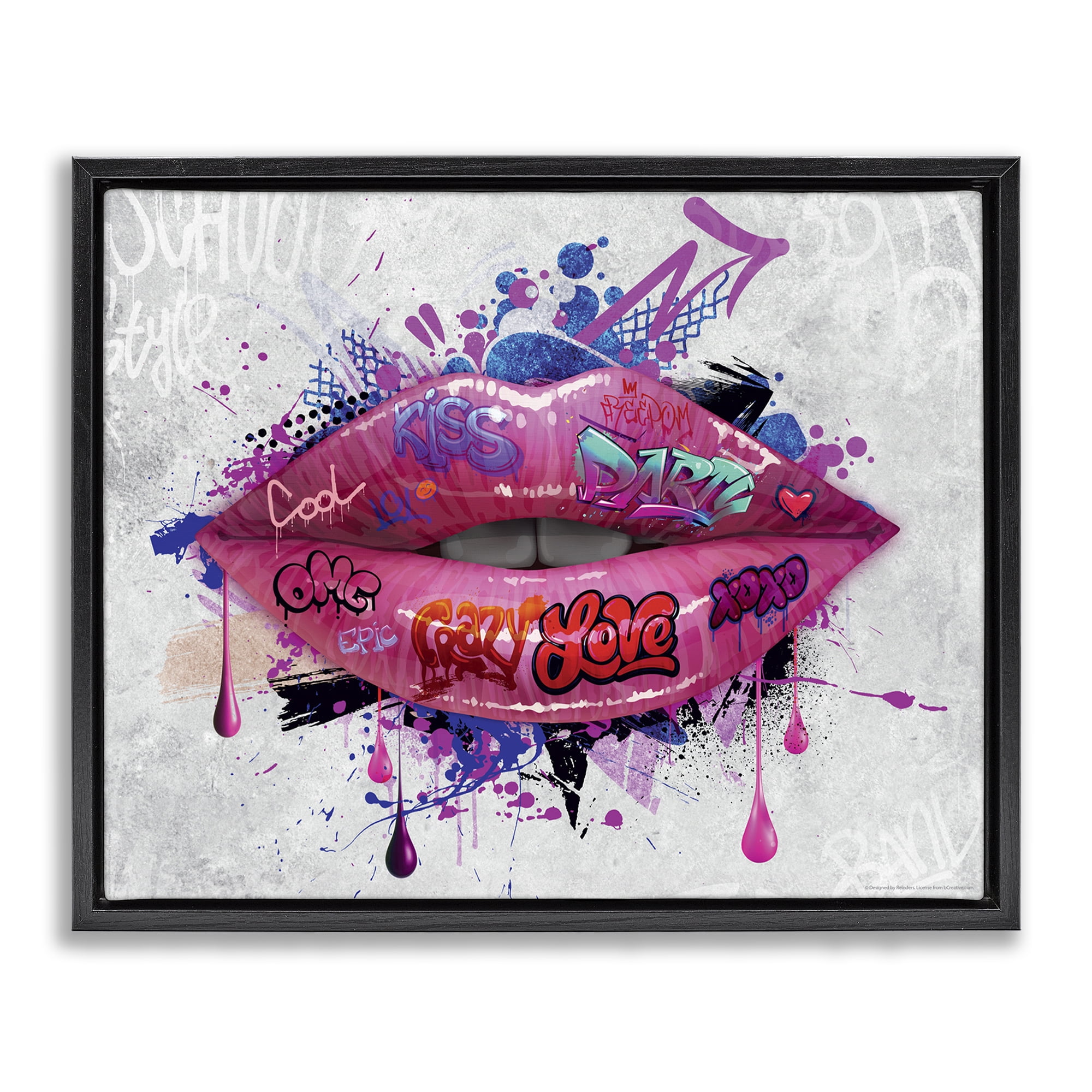 Stupell Industries Urban Graffiti Lips Abstract Painting Black Floater Framed Canvas Art Print Wall Art, 31 x 25