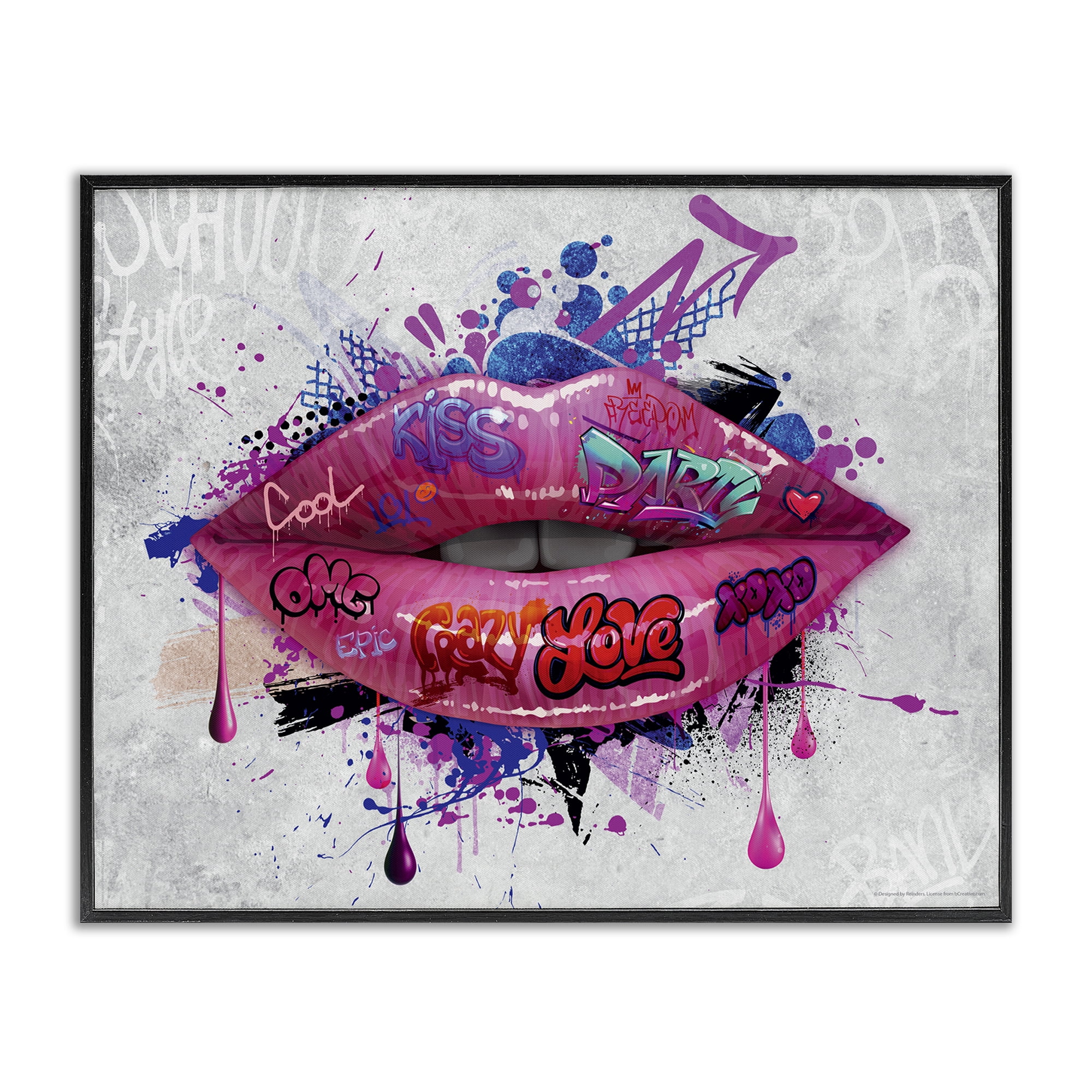 Stupell Industries Urban Graffiti Lips Abstract Painting Black Framed Art Print Wall Art, 30 x 24