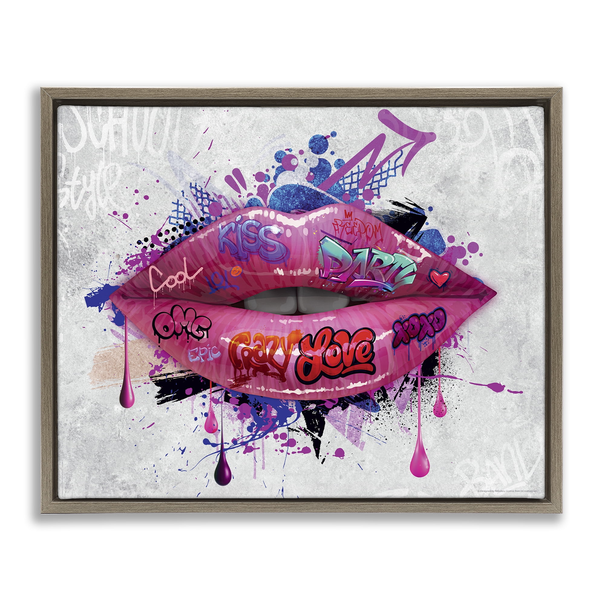 Stupell Industries Urban Graffiti Lips Abstract Painting Brown Floater Framed Canvas Art Print Wall Art, 21 x 17