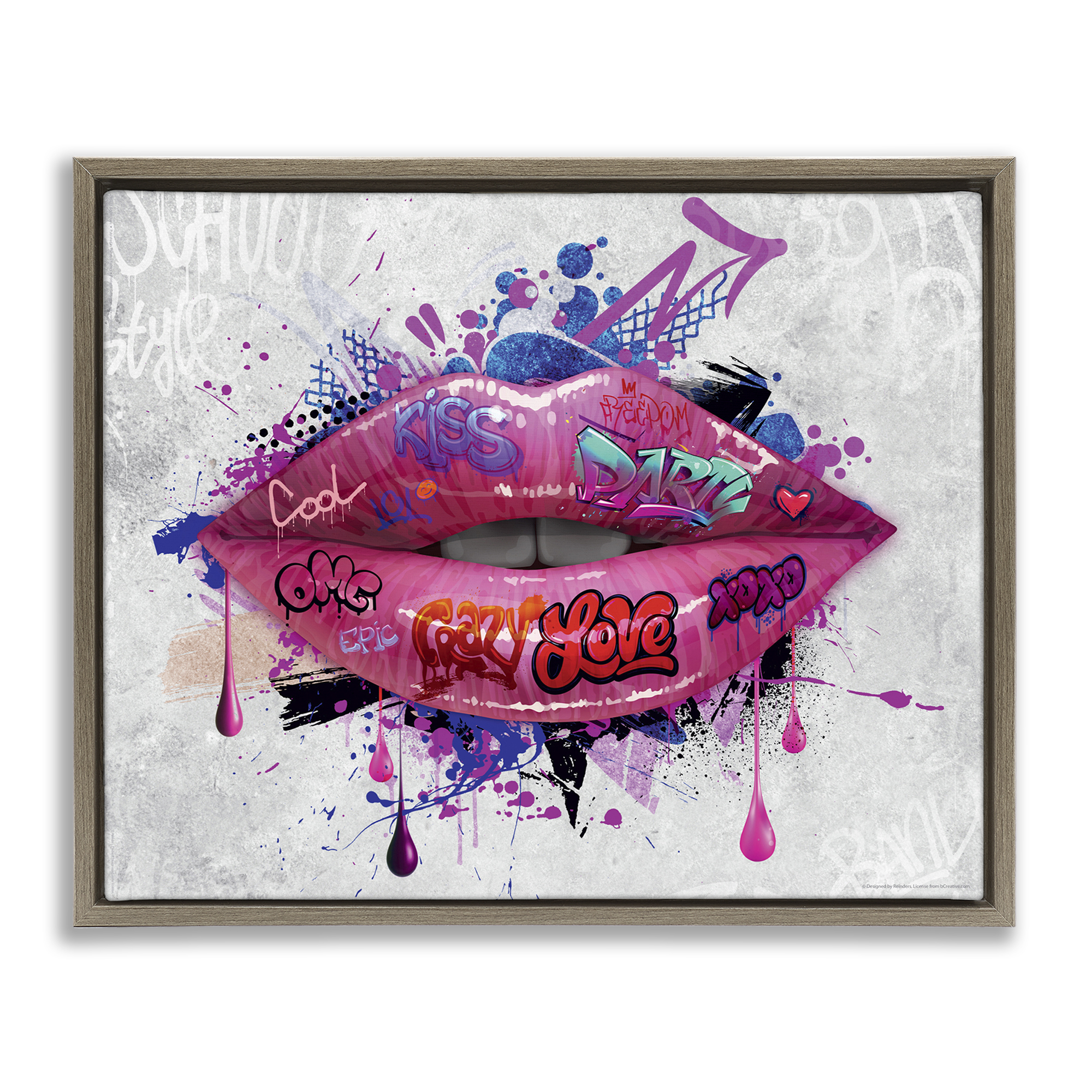 Stupell Industries Urban Graffiti Lips Abstract Painting Brown Floater Framed Canvas Art Print Wall Art, 31 x 25