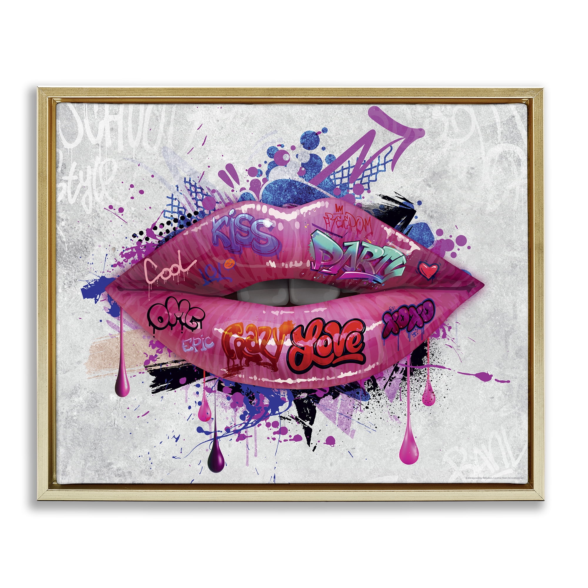 Stupell Industries Urban Graffiti Lips Abstract Painting Gold Floater Framed Canvas Art Print Wall Art, 21 x 17