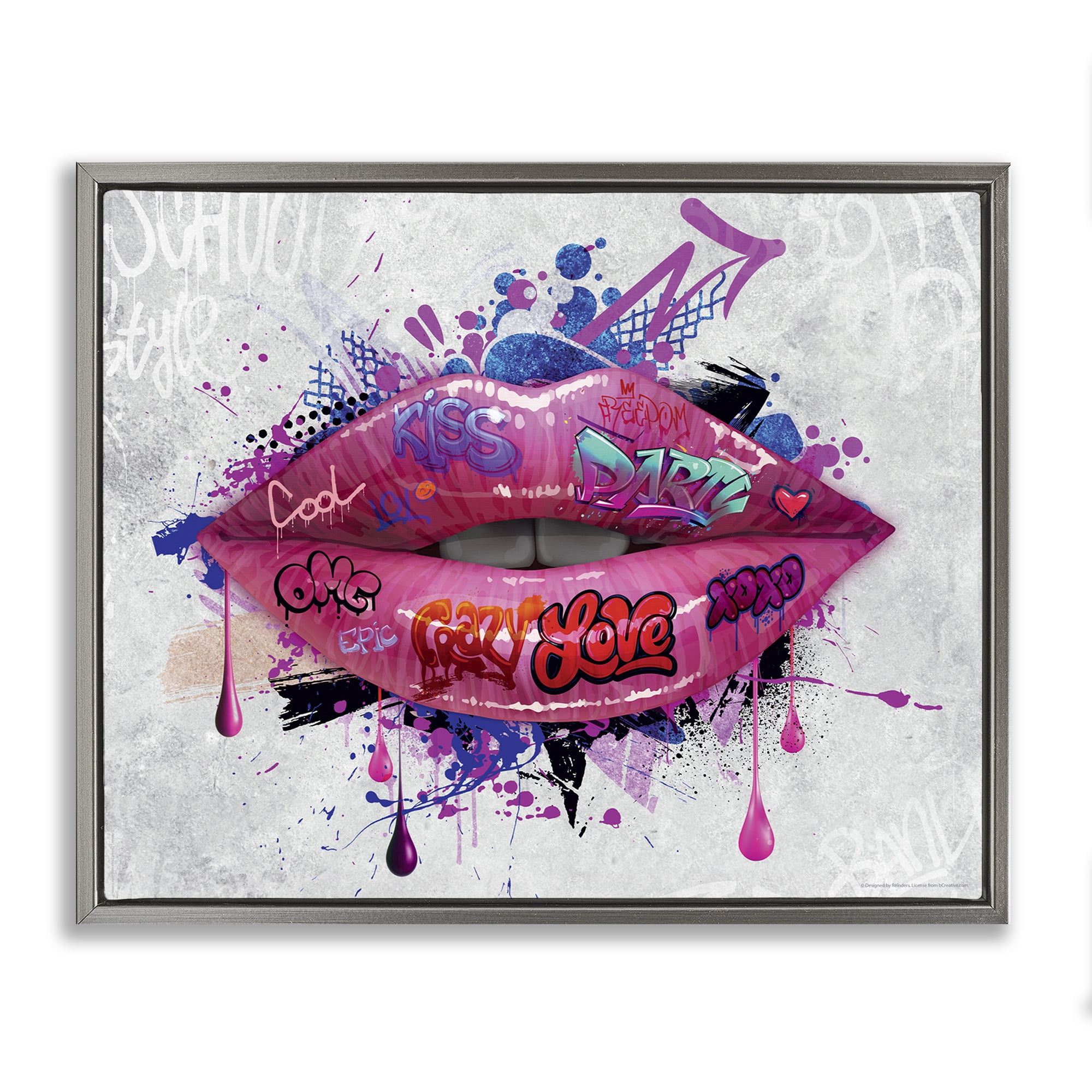 Stupell Industries Urban Graffiti Lips Abstract Painting Gray Floater Framed Canvas Art Print Wall Art, 31 x 25