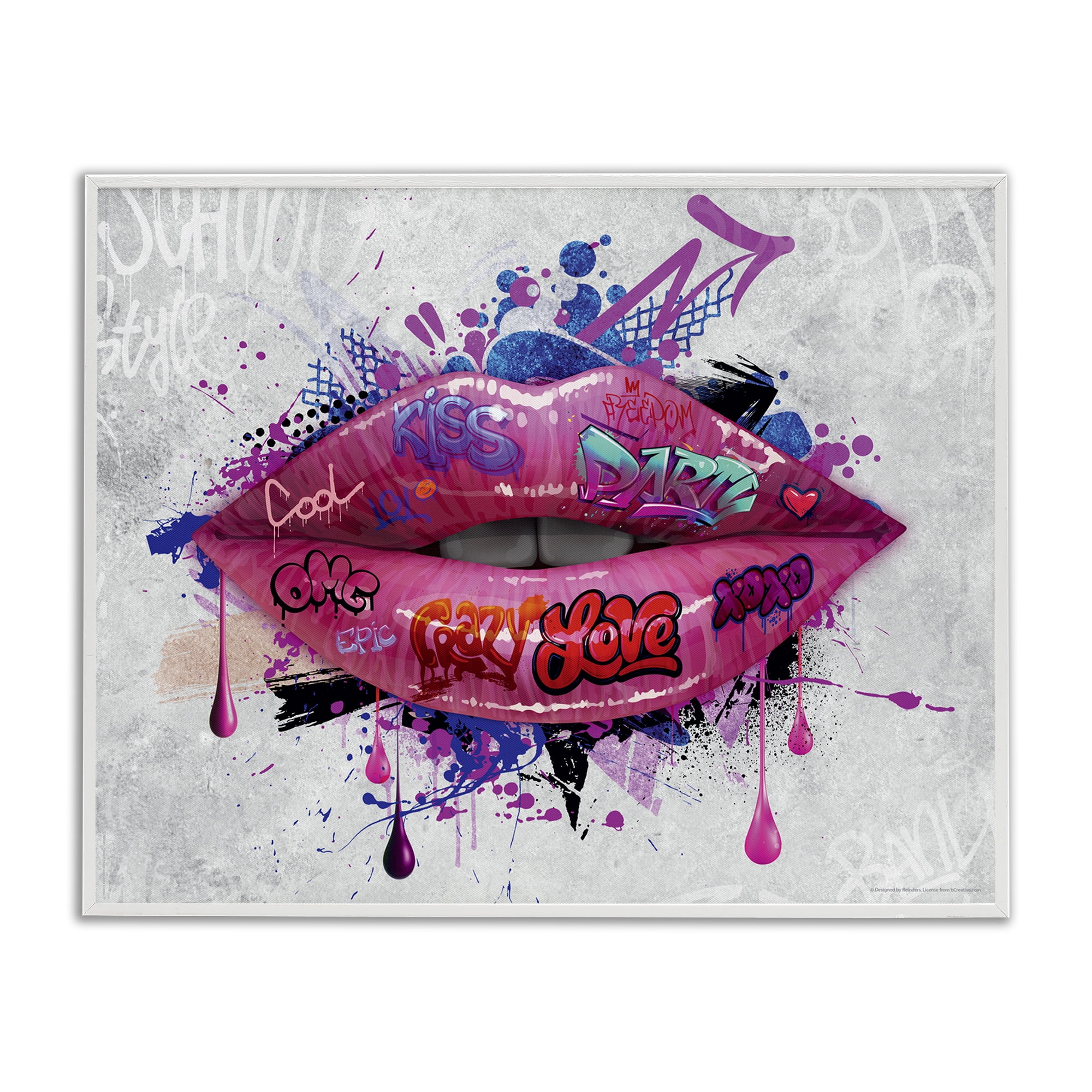 Stupell Industries Urban Graffiti Lips Abstract Painting White Framed Art Print Wall Art, 30 x 24