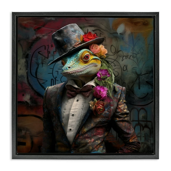 Stupell Industries Urban Graffiti Lizard Animals & Insects Painting Black Floater Framed Canvas Art Print Wall Art, 18 x 18
