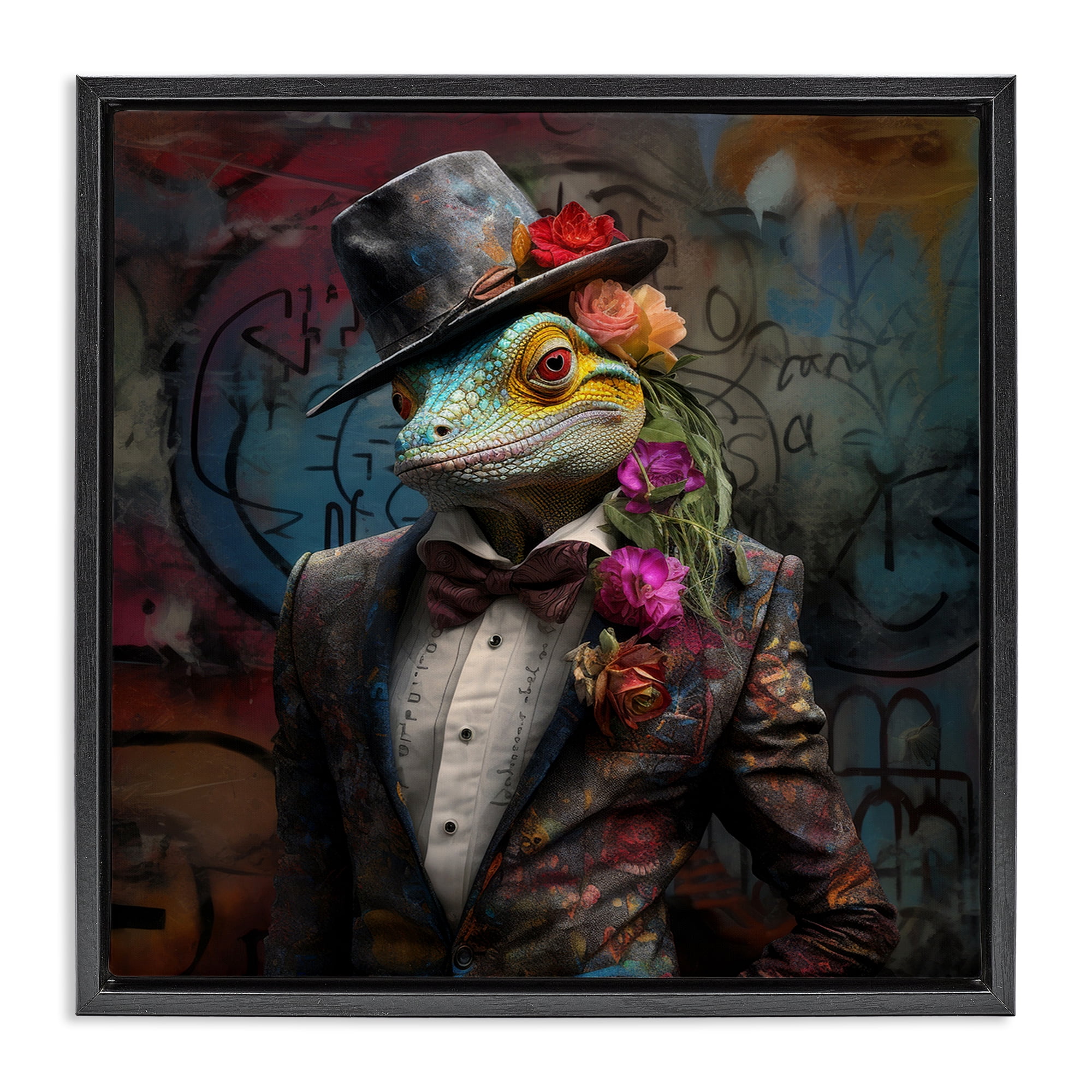 Stupell Industries Urban Graffiti Lizard Animals & Insects Painting Black Floater Framed Canvas Art Print Wall Art, 25 x 25