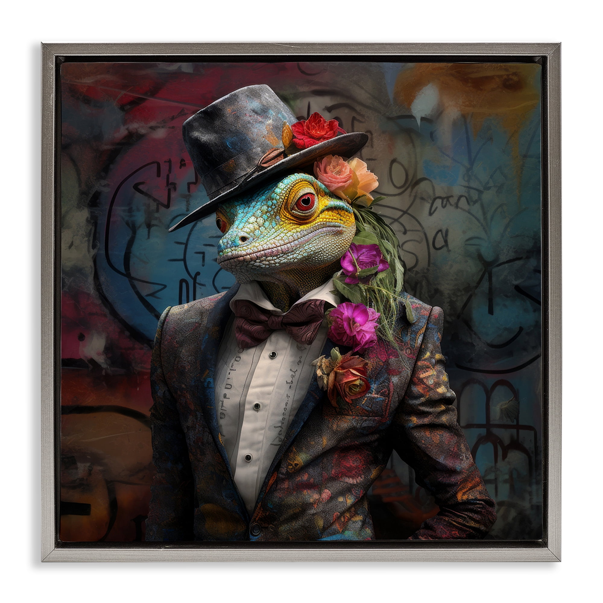 Stupell Industries Urban Graffiti Lizard Animals & Insects Painting Gray Floater Framed Canvas Art Print Wall Art, 18 x 18