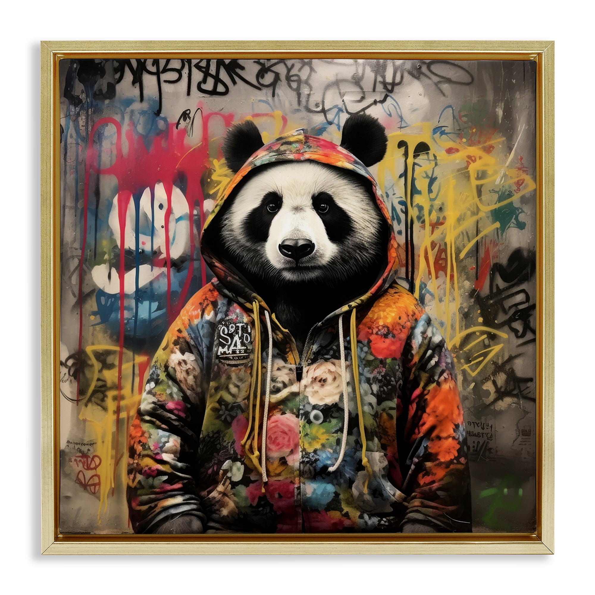 Stupell Industries Urban Graffiti Panda Animals & Insects Painting Gold Floater Framed Canvas Art Print Wall Art, 18 x 18