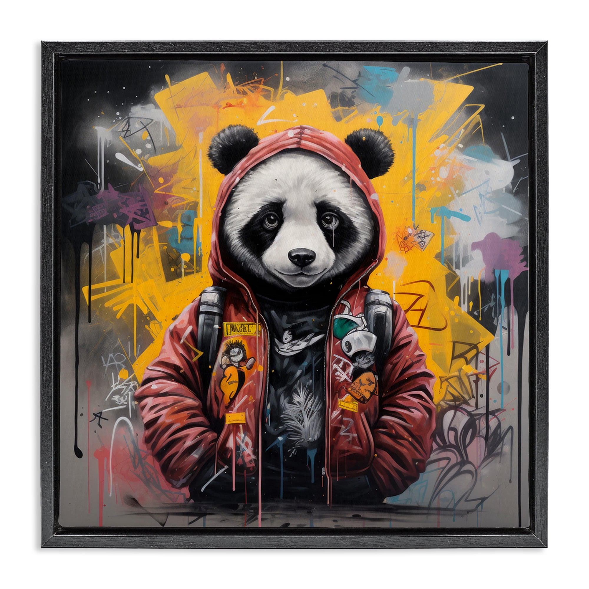 Stupell Industries Urban Graffiti Panda Bear Animals & Insects Painting Black Floater Framed Canvas Art Print Wall Art, 25 x 25