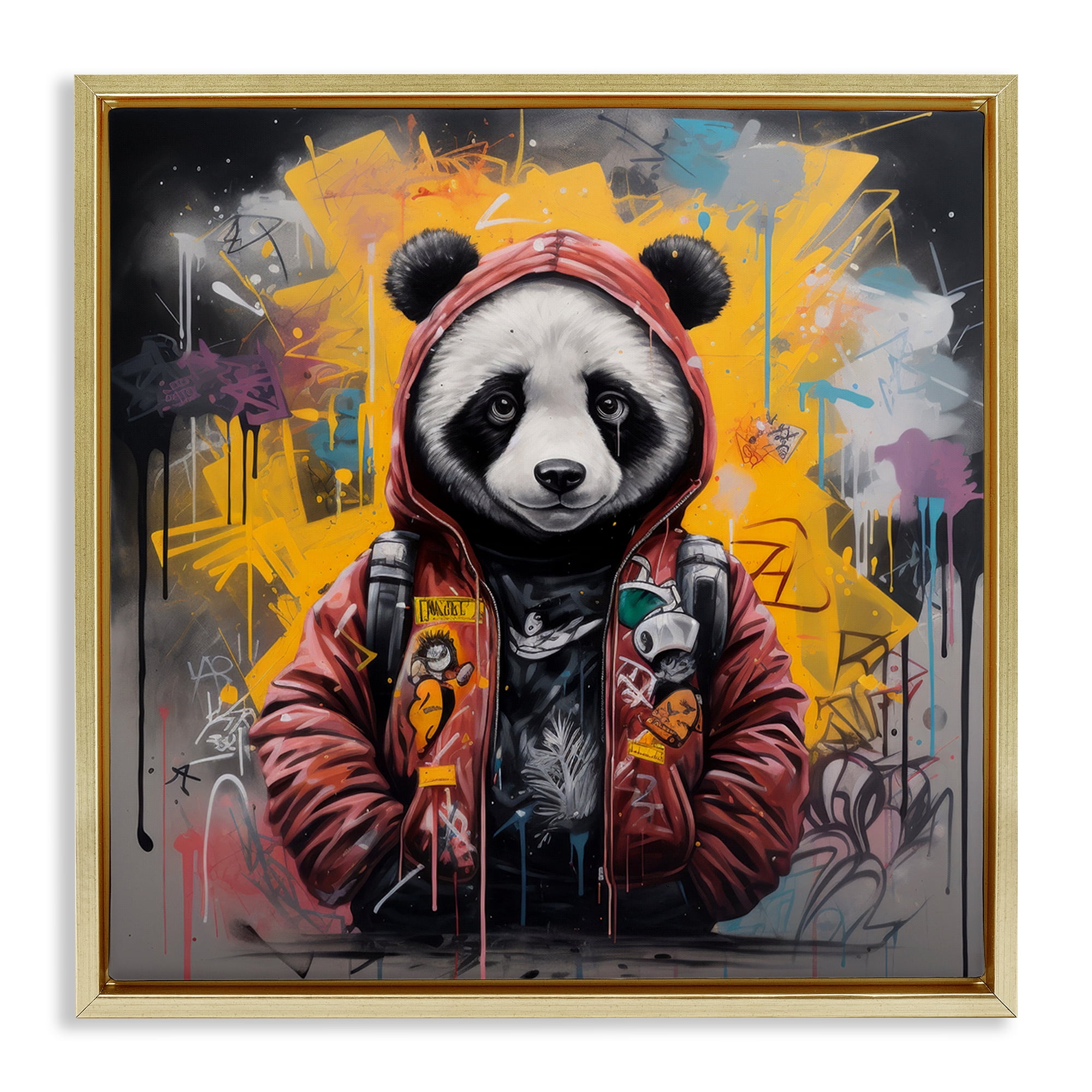 Stupell Industries Urban Graffiti Panda Bear Animals & Insects Painting Gold Floater Framed Canvas Art Print Wall Art, 18 x 18