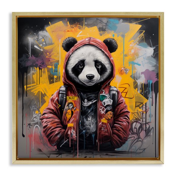 Stupell Industries Urban Graffiti Panda Bear Animals & Insects Painting Gold Floater Framed Canvas Art Print Wall Art, 18 x 18