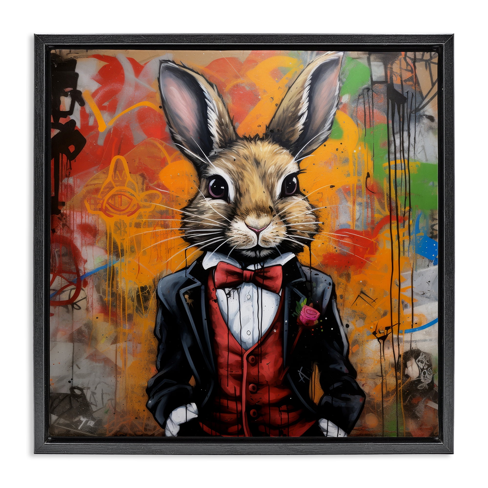 Stupell Industries Urban Graffiti Rabbit Animals & Insects Painting Black Floater Framed Canvas Art Print Wall Art, 25 x 25