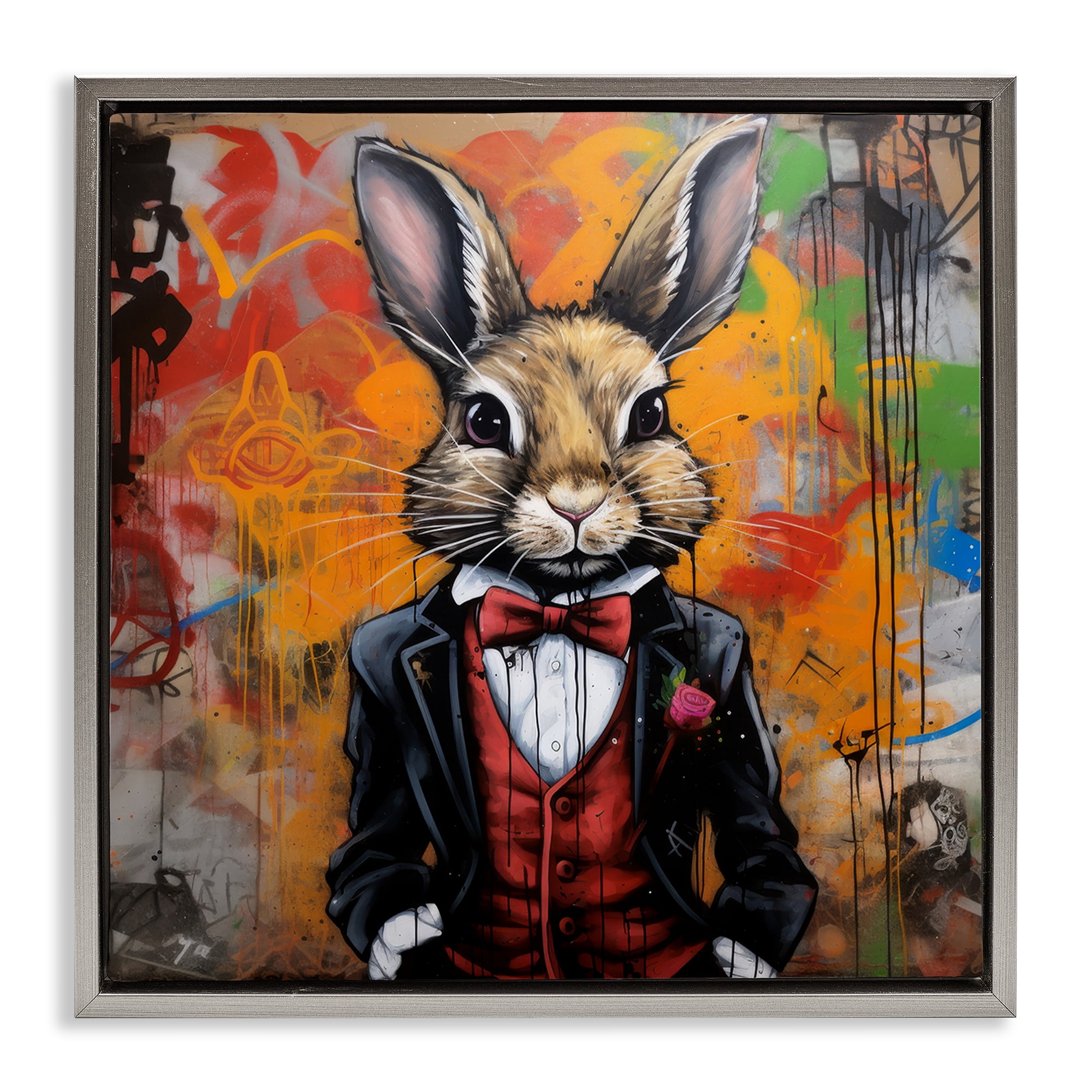 Stupell Industries Urban Graffiti Rabbit Animals & Insects Painting Gray Floater Framed Canvas Art Print Wall Art, 18 x 18