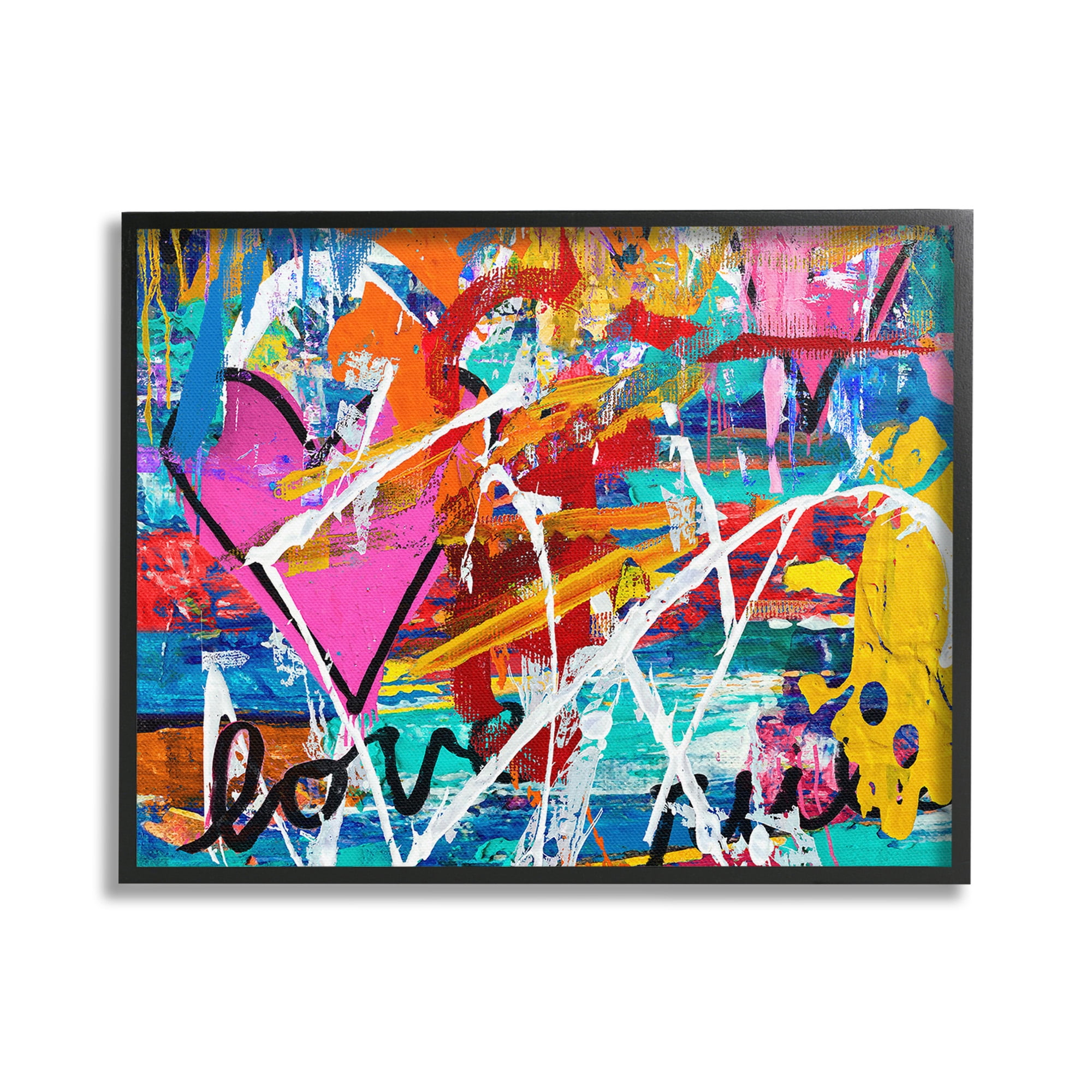 Stupell Industries Urban Heart Graffiti Collage Abstract Painting Black Framed Art Print Wall Art, 30 x 24