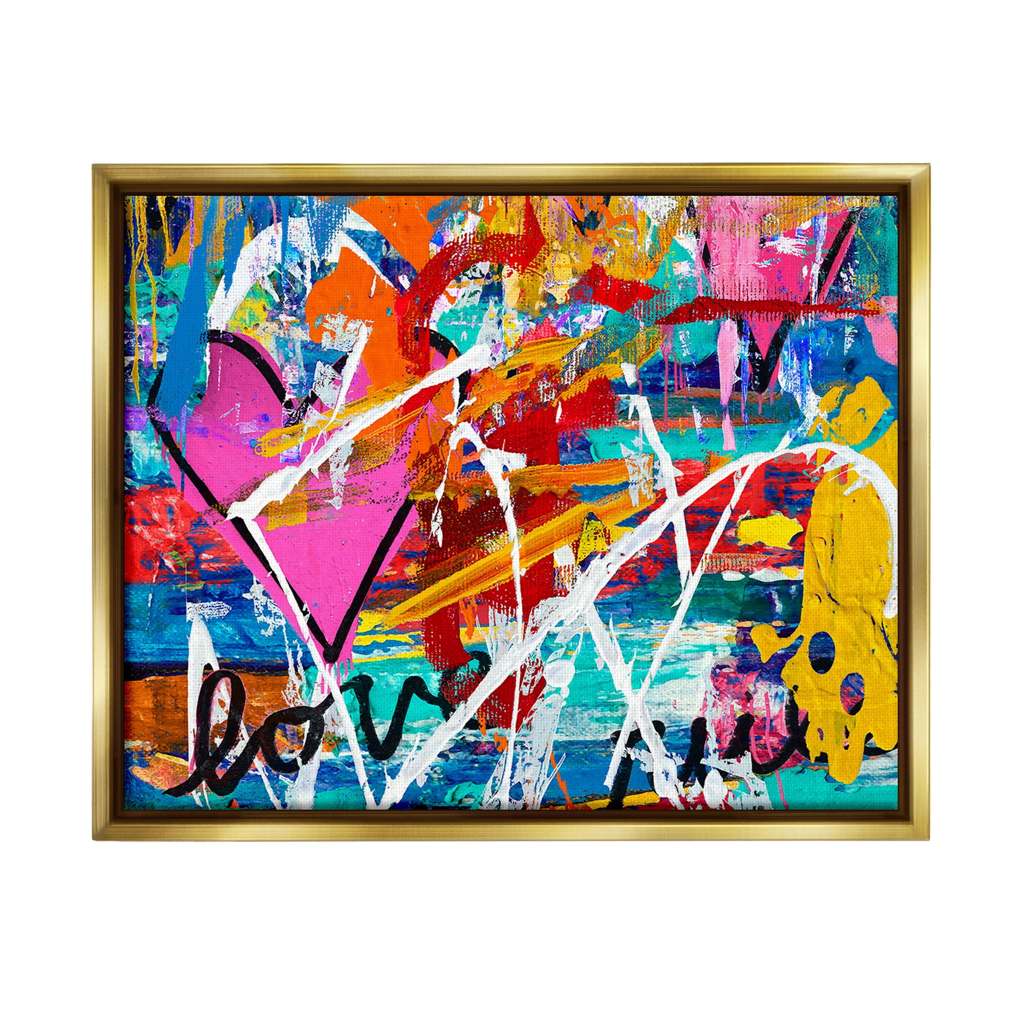 Stupell Industries Urban Heart Graffiti Collage Abstract Painting Gold Floater Framed Canvas Art Print Wall Art, 31 x 25