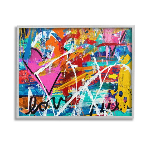 Stupell Industries Urban Heart Graffiti Collage Abstract Painting Gray Framed Art Print Wall Art, 14 x 11