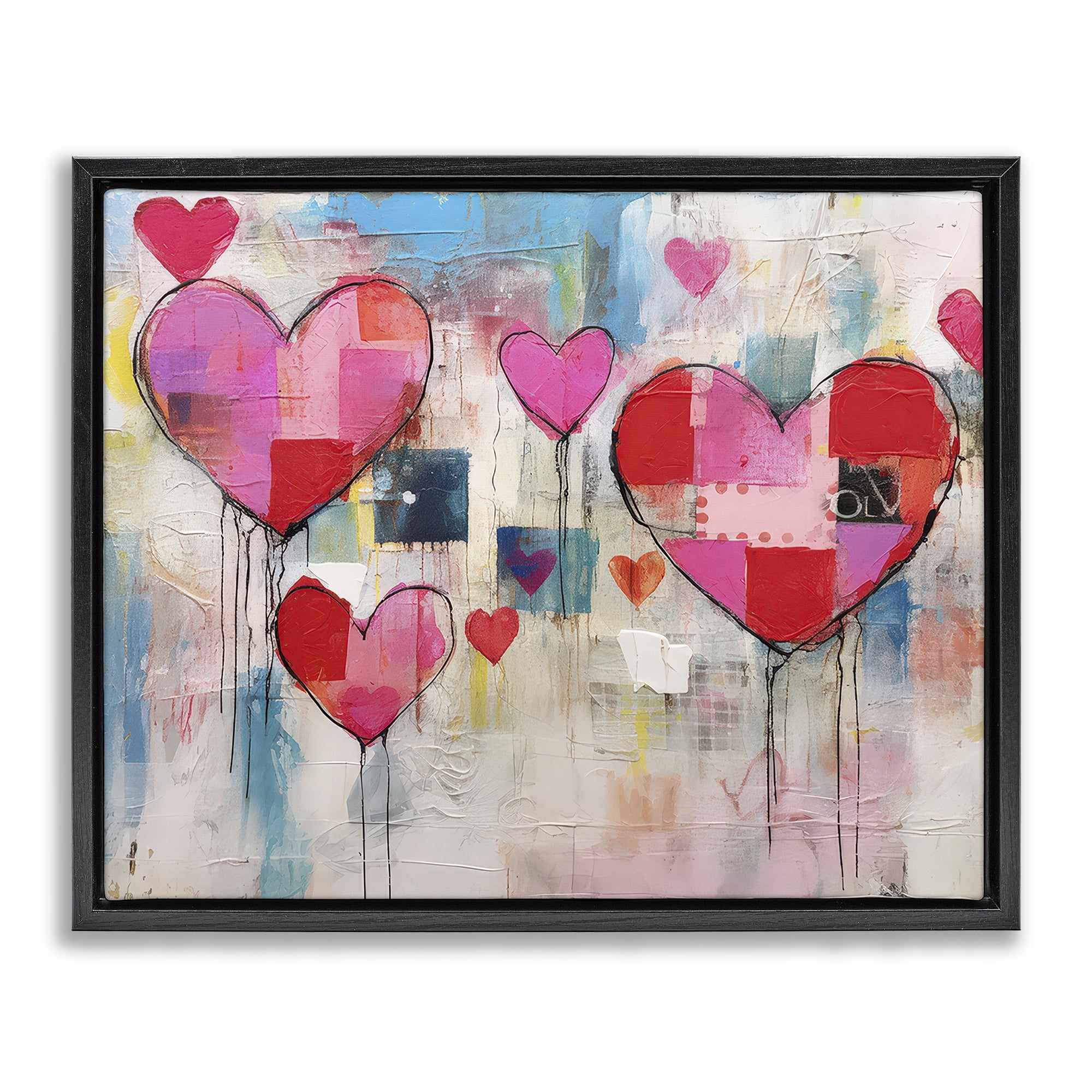 Stupell Industries Urban Hearts Painting Collage Abstract Painting Black Floater Framed Canvas Art Print Wall Art, 31 x 25