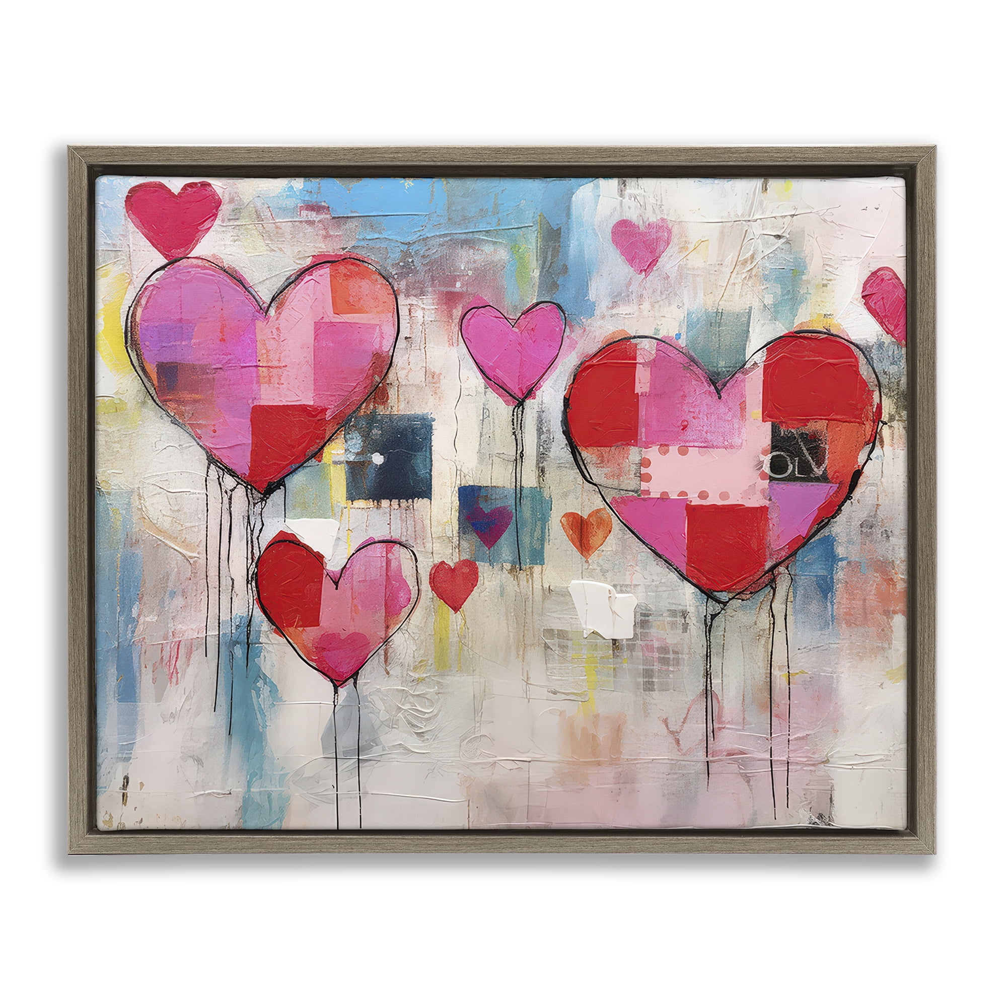 Stupell Industries Urban Hearts Painting Collage Abstract Painting Brown Floater Framed Canvas Art Print Wall Art, 31 x 25