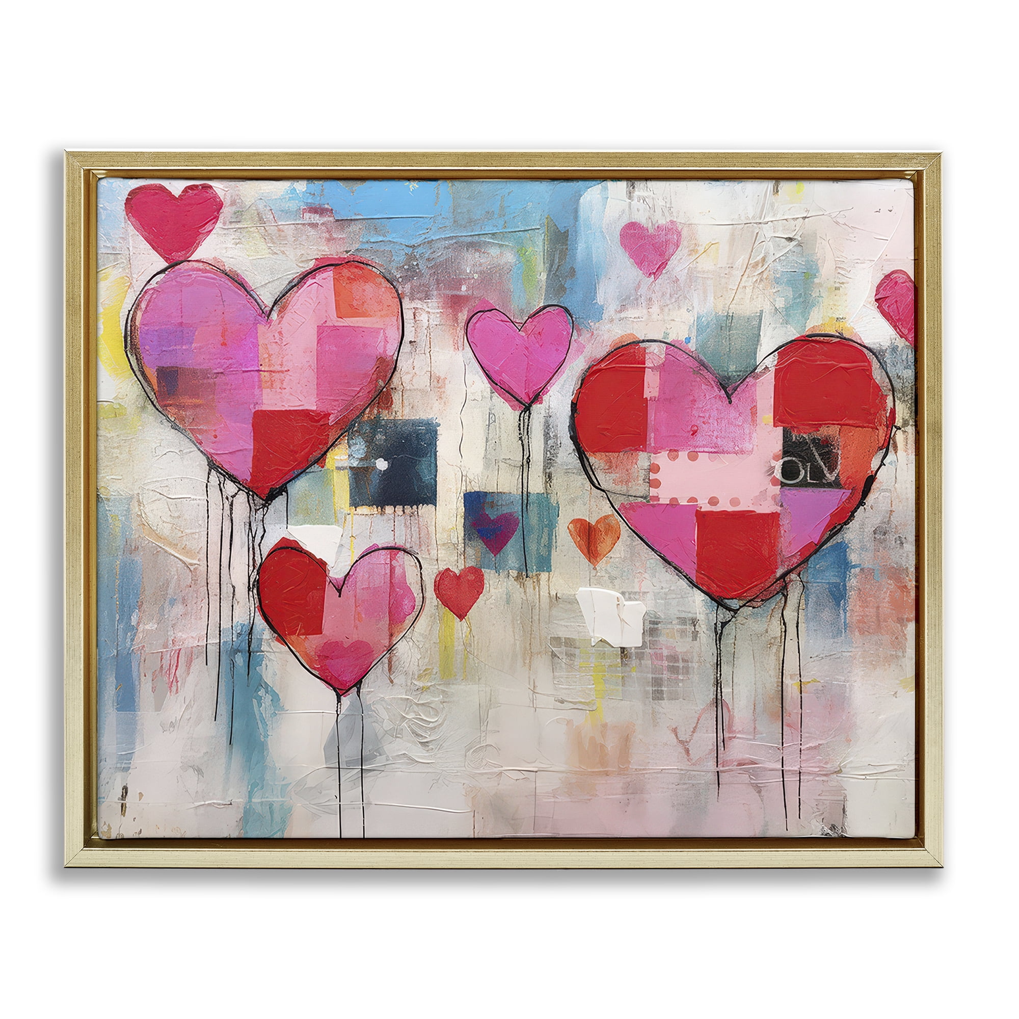 Stupell Industries Urban Hearts Painting Collage Abstract Painting Gold Floater Framed Canvas Art Print Wall Art, 31 x 25