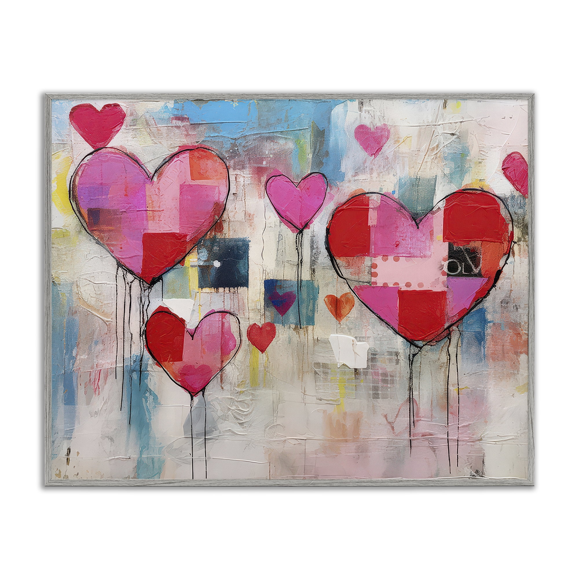 Stupell Industries Urban Hearts Painting Collage Abstract Painting Gray Framed Art Print Wall Art, 20 x 16