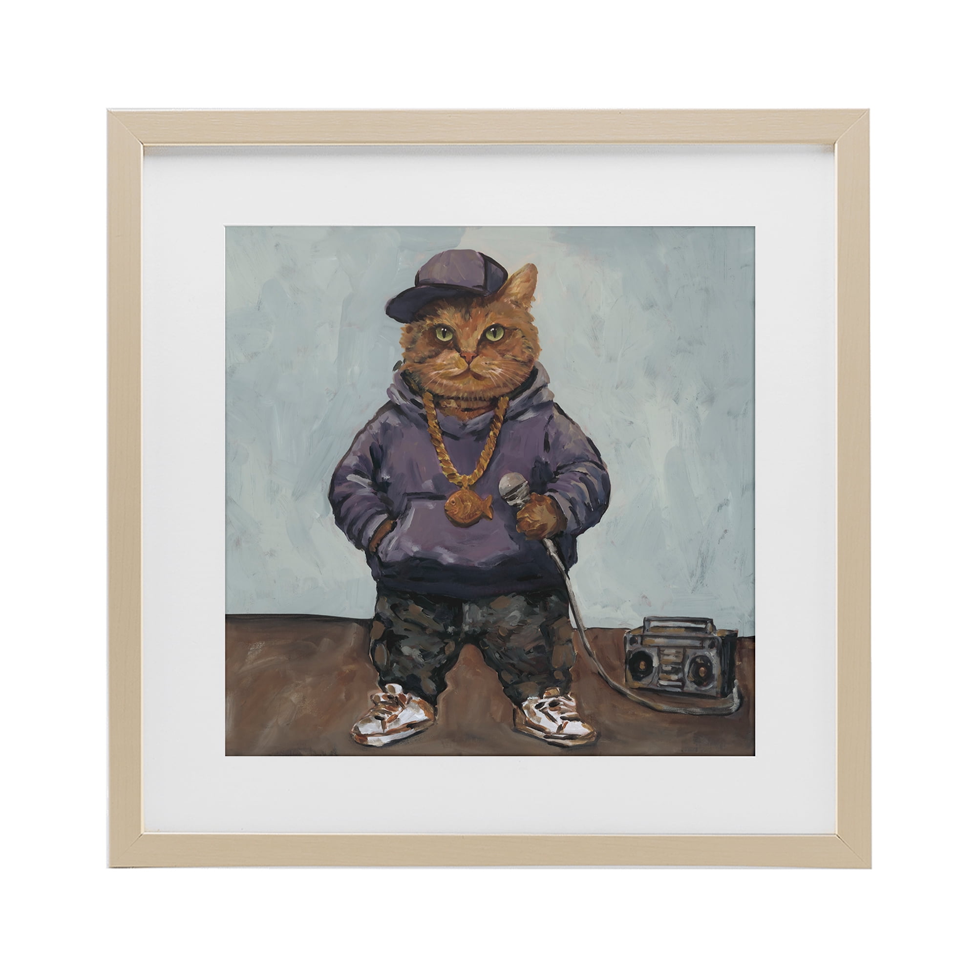 Stupell Industries Urban Hip-Hop Cat Birch Framed Print Under Glass, design by Studio Bautista