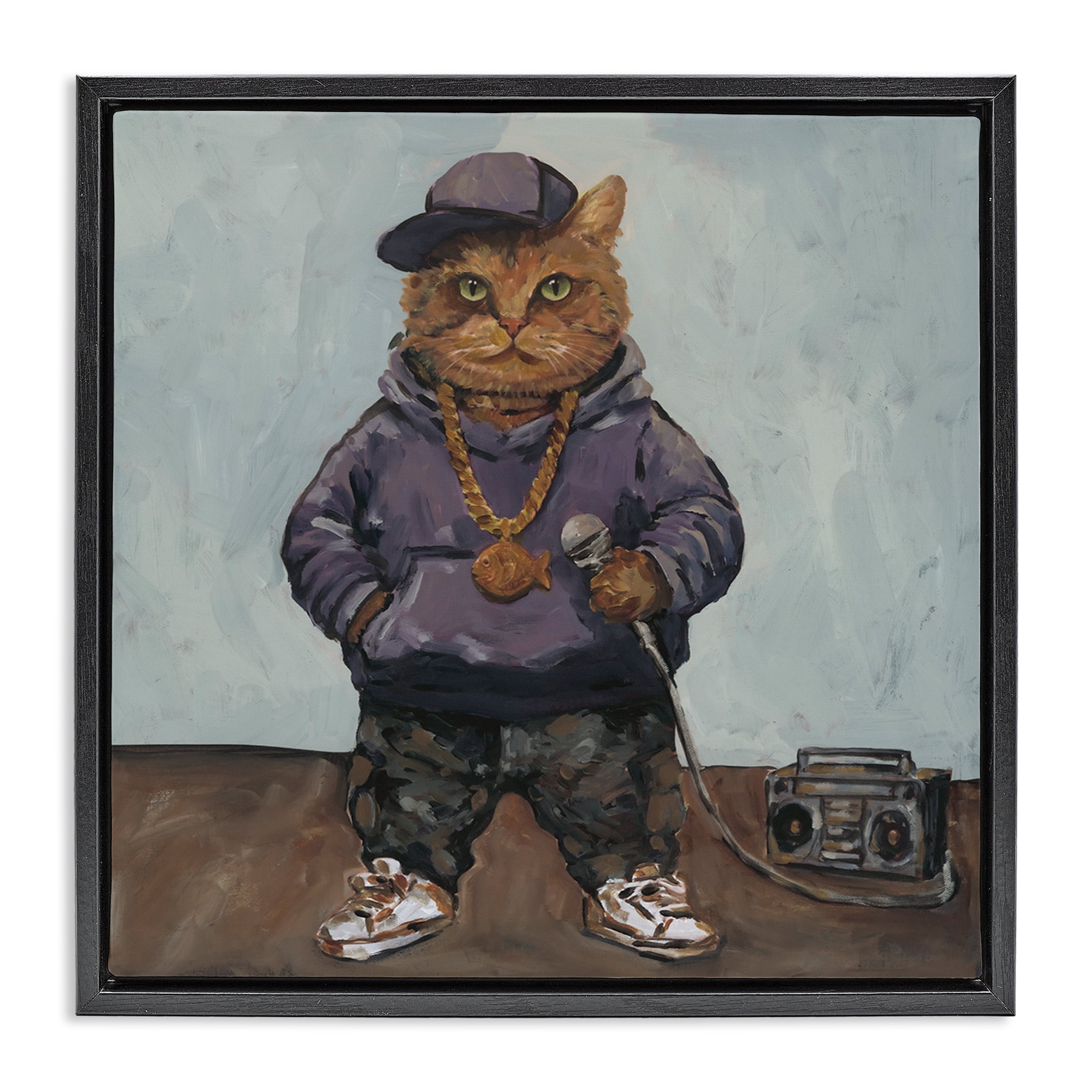Stupell Industries Urban Hip-Hop Cat Black Framed Floater Canvas Wall Art, design by Studio Bautista